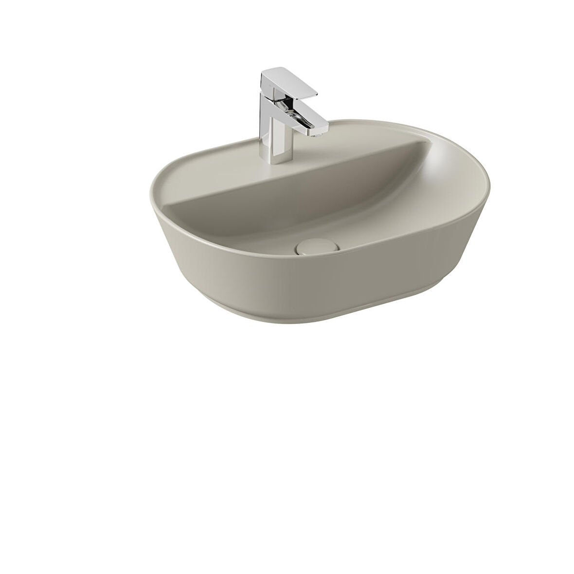 VitrA Geo 7428B020-0041 Oval Çanak Lavabo, 55 cm, Orta Armatür Delikli, Su Taşma Deliksiz, Mat Bej