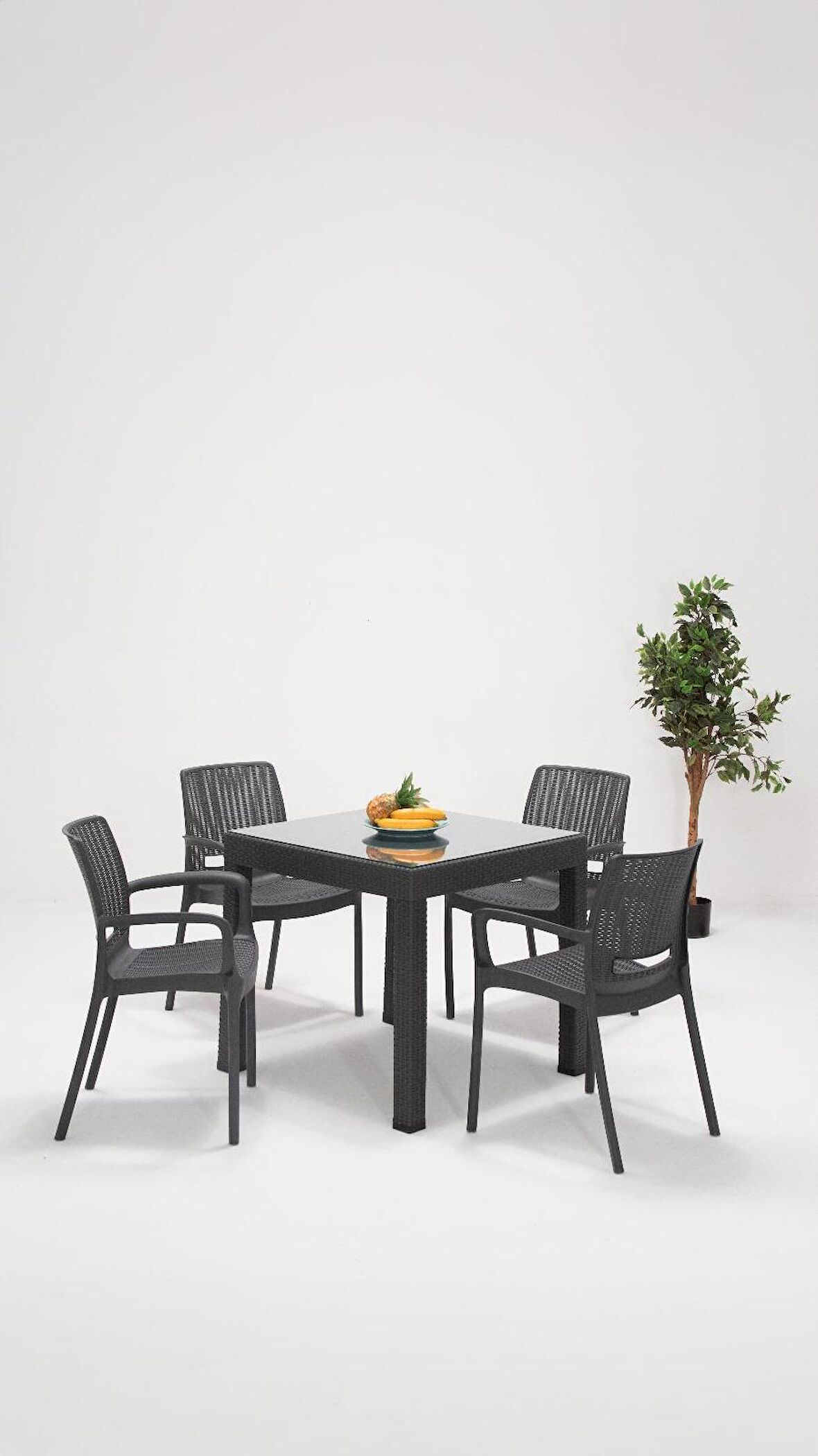 Rattan Camlı Lüx 80x80 Bahçe&Balkon&Teras Masa Seti - Antrasit
