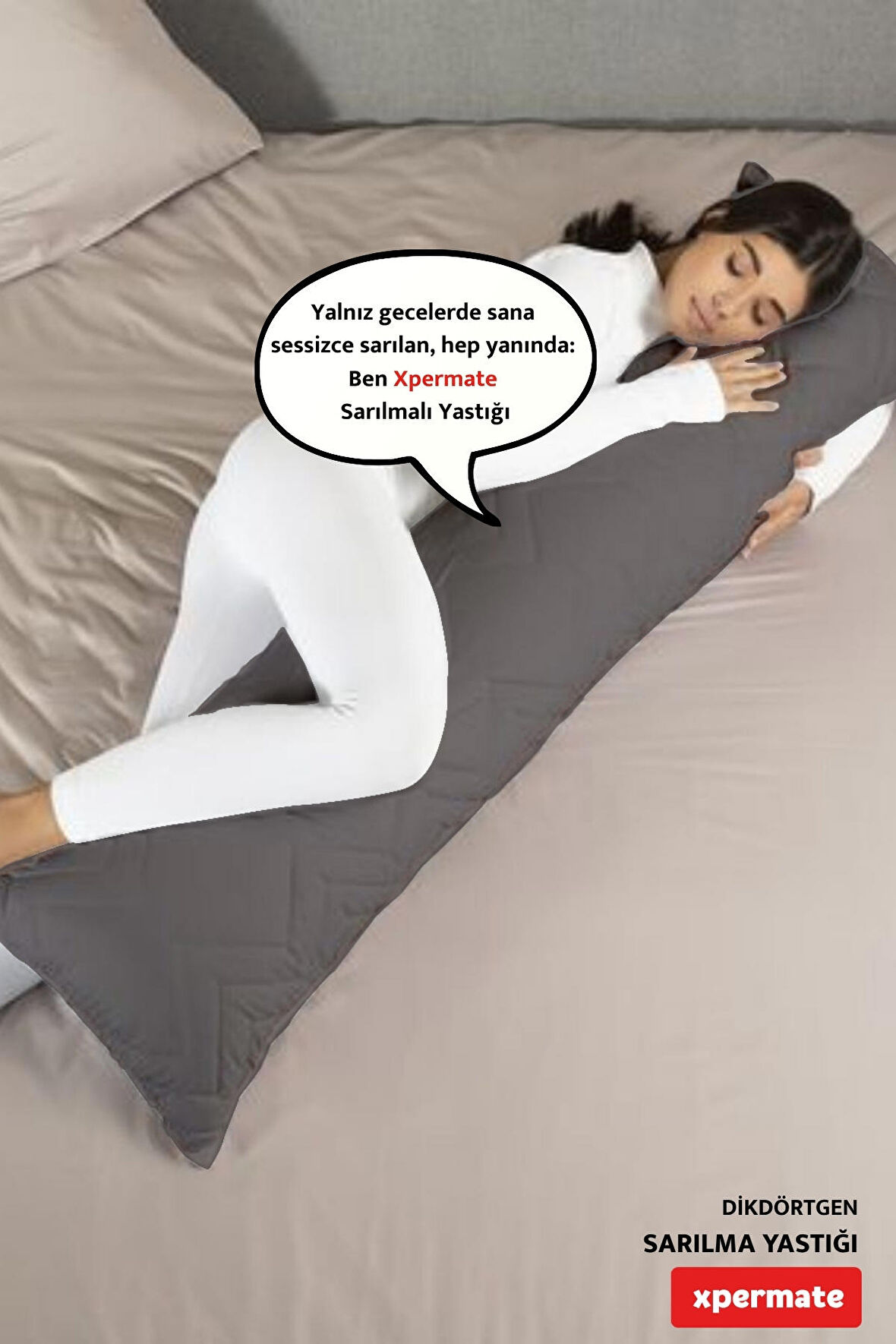 XPERMATE Sarılma Yastığı , Uyku Yastığı , Bacak Arası Yastığı Dikdörtgen 150x25 cm AçıkGri
