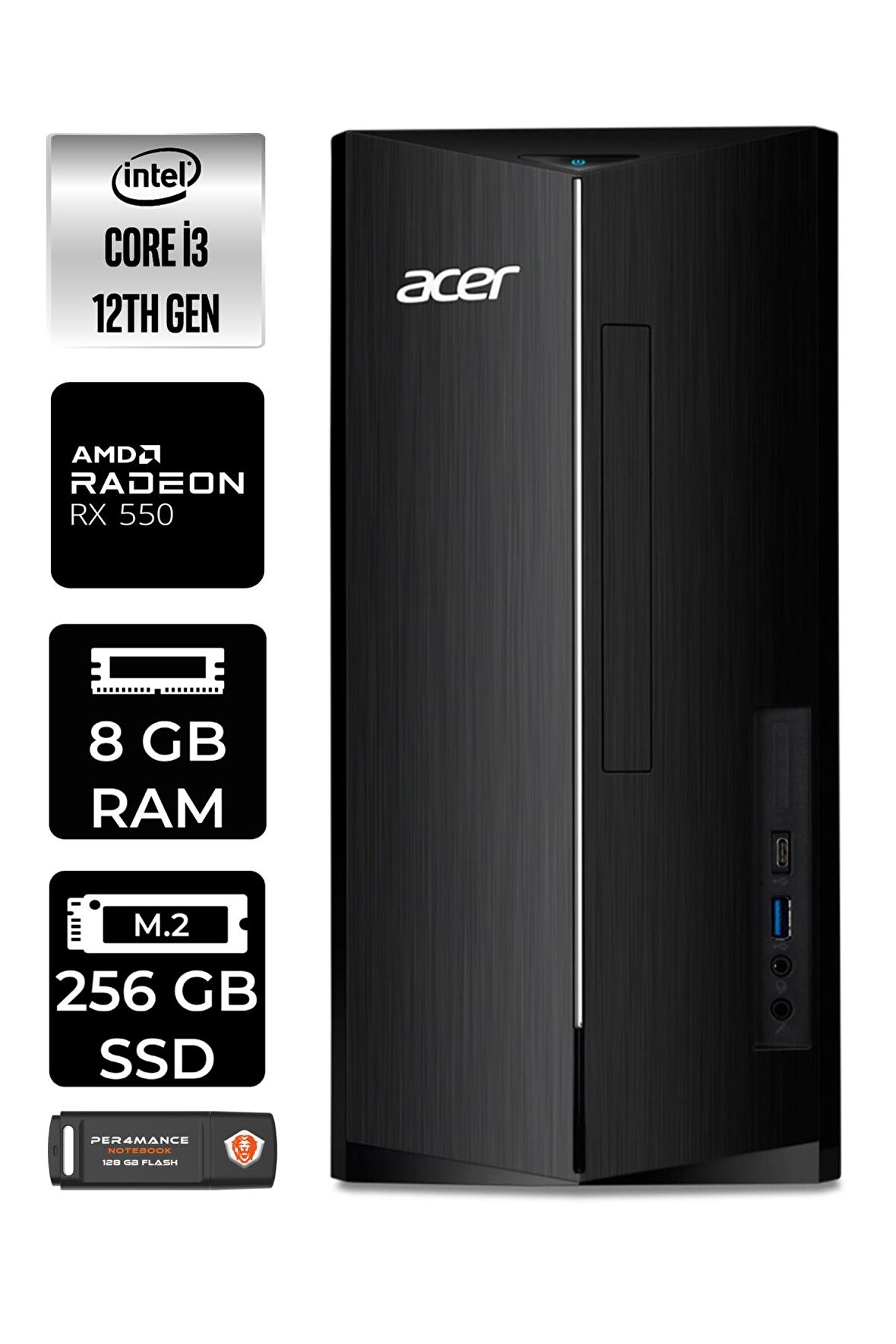 ACER ASPİRE i3 12100 8GB RAM 256GB SSD RX550/4GB FDOS DT.BHUEM.004 MASAÜSTÜ PC & PER4 BELLEK