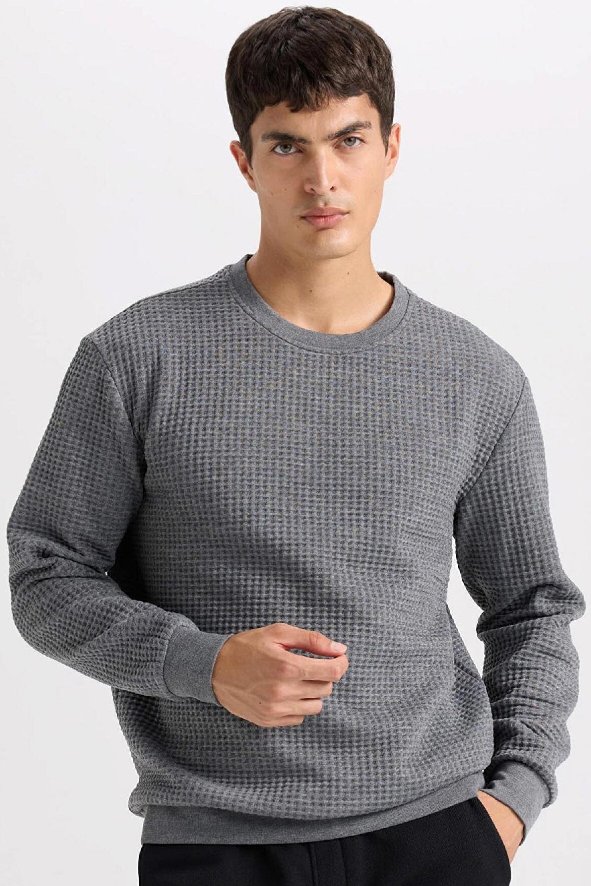 DeFacto Gri Regular Fit Bisiklet Yaka Jakarlı Sweatshirt D5392AX24AUGR371