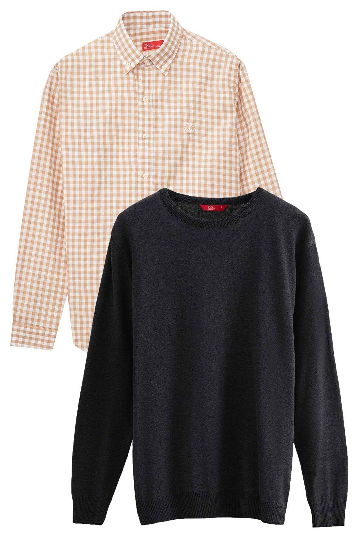 Ds Damat Slim Fit Camel Pamuk Karışımlı 2'Li Bisiklet Yaka Triko Ve Gömlek 1HC0206EKBN01