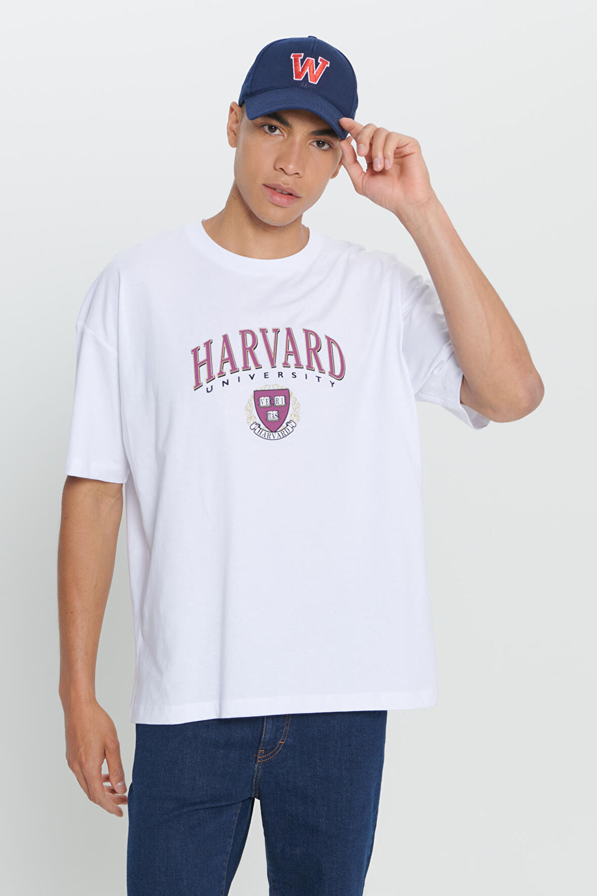 Harvard Lisanslı Oversize Bol Kesim %100 Pamuk Baskılı Bisiklet Yaka Tişört