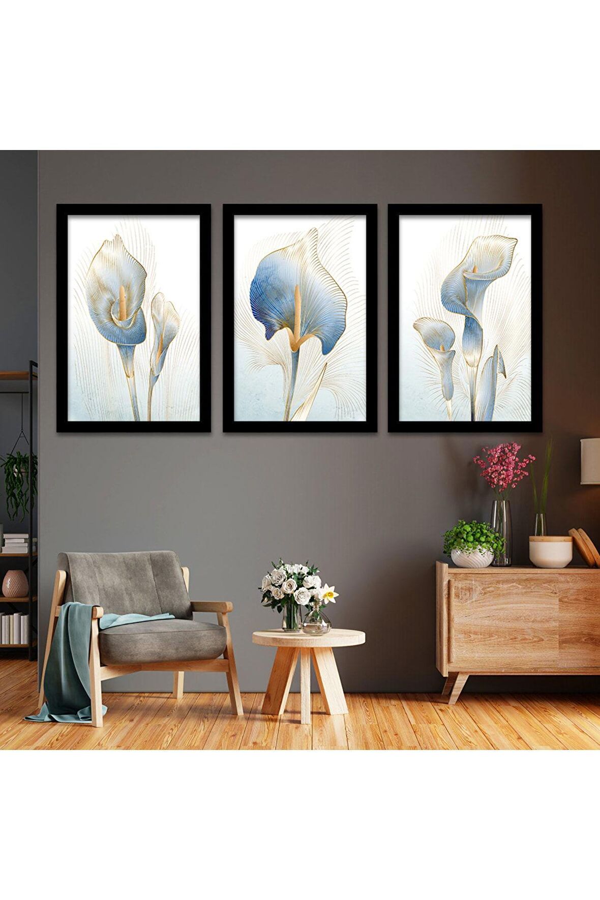 GOLD AYNALI PLEKSİ ÇERÇEVELİ MODERN MAVİ KAHVERENGİ MERMER ÇİÇEK DESENLİ SOYUT ÇİZİM TABLO