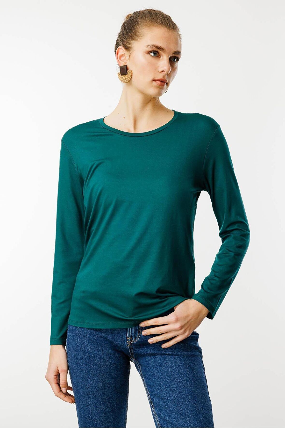 Kadın Sıfır Yaka Basic Penye Bluz Yeşil