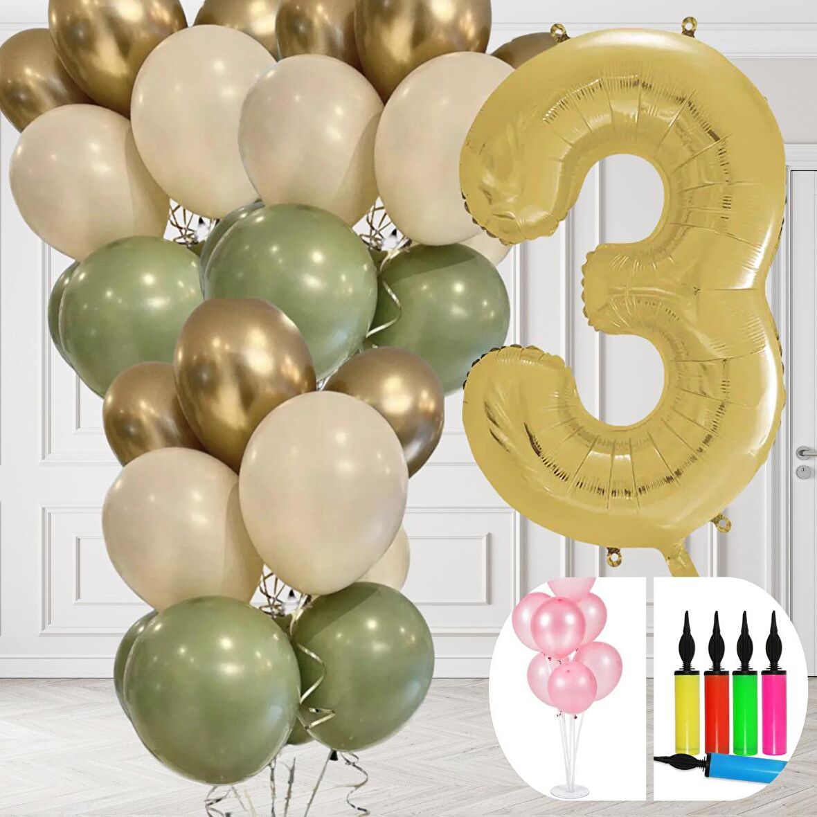 3 Yaş Balon Standlı Ve Pompalı Retro Küf Yeşili Krom Gold Kum Beji Balon Seti Gold Rakam Süsleme