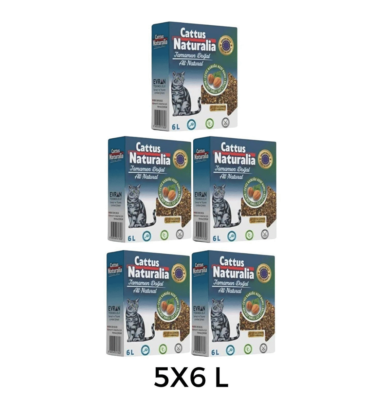 Ceviz Kabuğundan Yapılmış Doğal Kedi Kumu 5'li; Aktif Karbonlu, %100 Organik