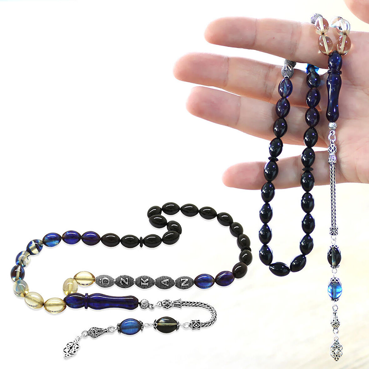 925 Ayar Gümüş Püsküllü Arpa Kesim Gümüş İsim Yazılı Süzme Mavi-Beyaz Ateş Kehribar Tesbih