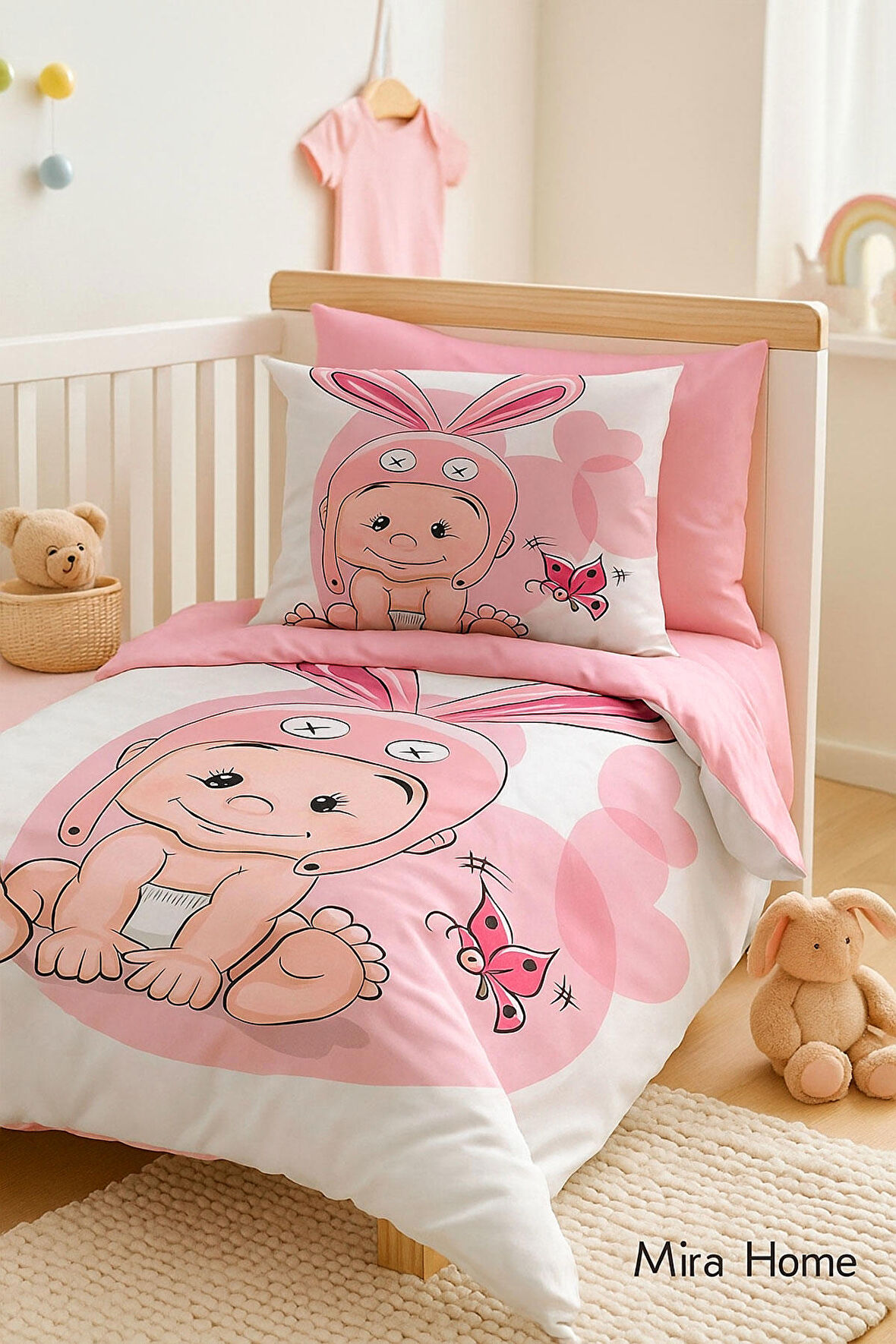 Yenidoğan Kız Bebek Nevresim Takımı 3D Pamuklu Tavşan Kulak