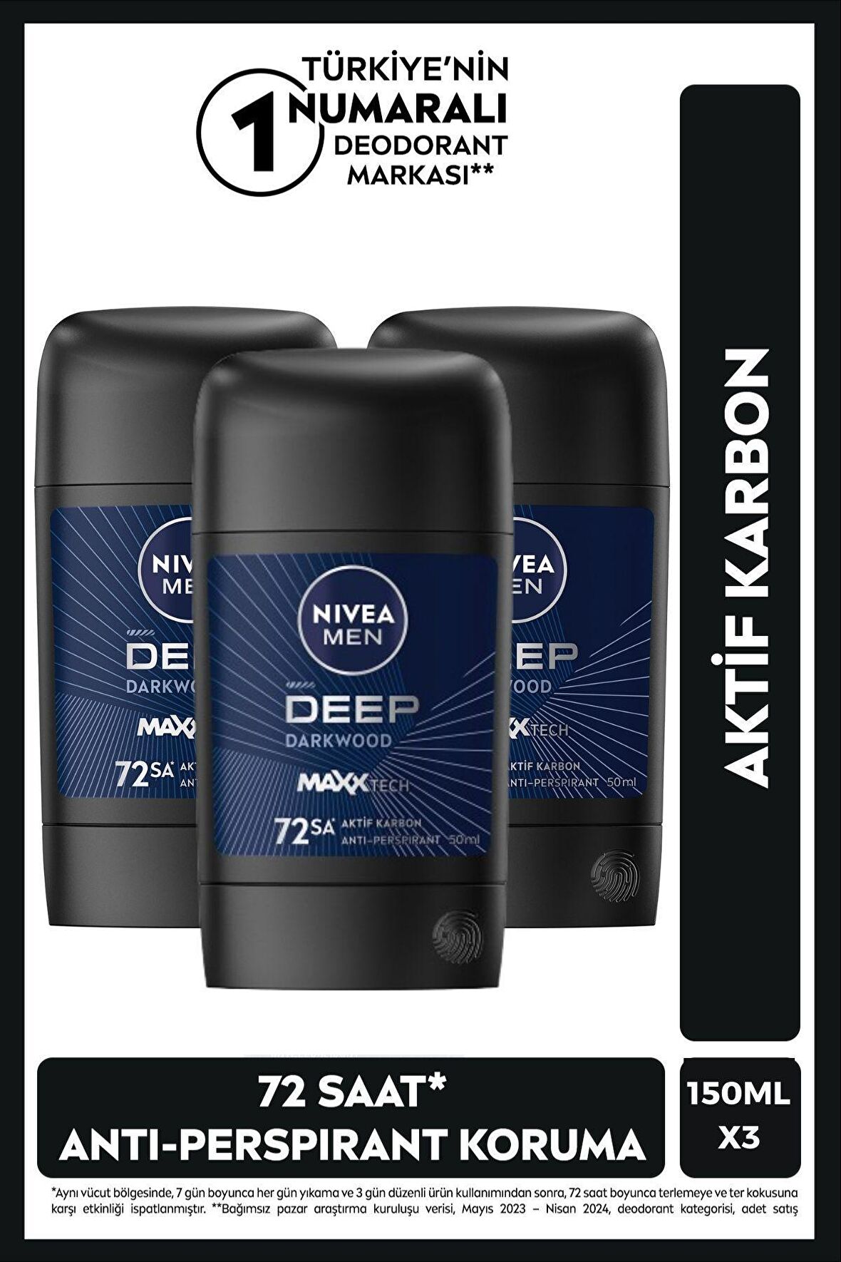 Nivea MEN Erkek Stick Deodorant Deep Dimension Aktif Karbon 50ml, 72 Saat Anti-perspirant Koruma, X3 Adet