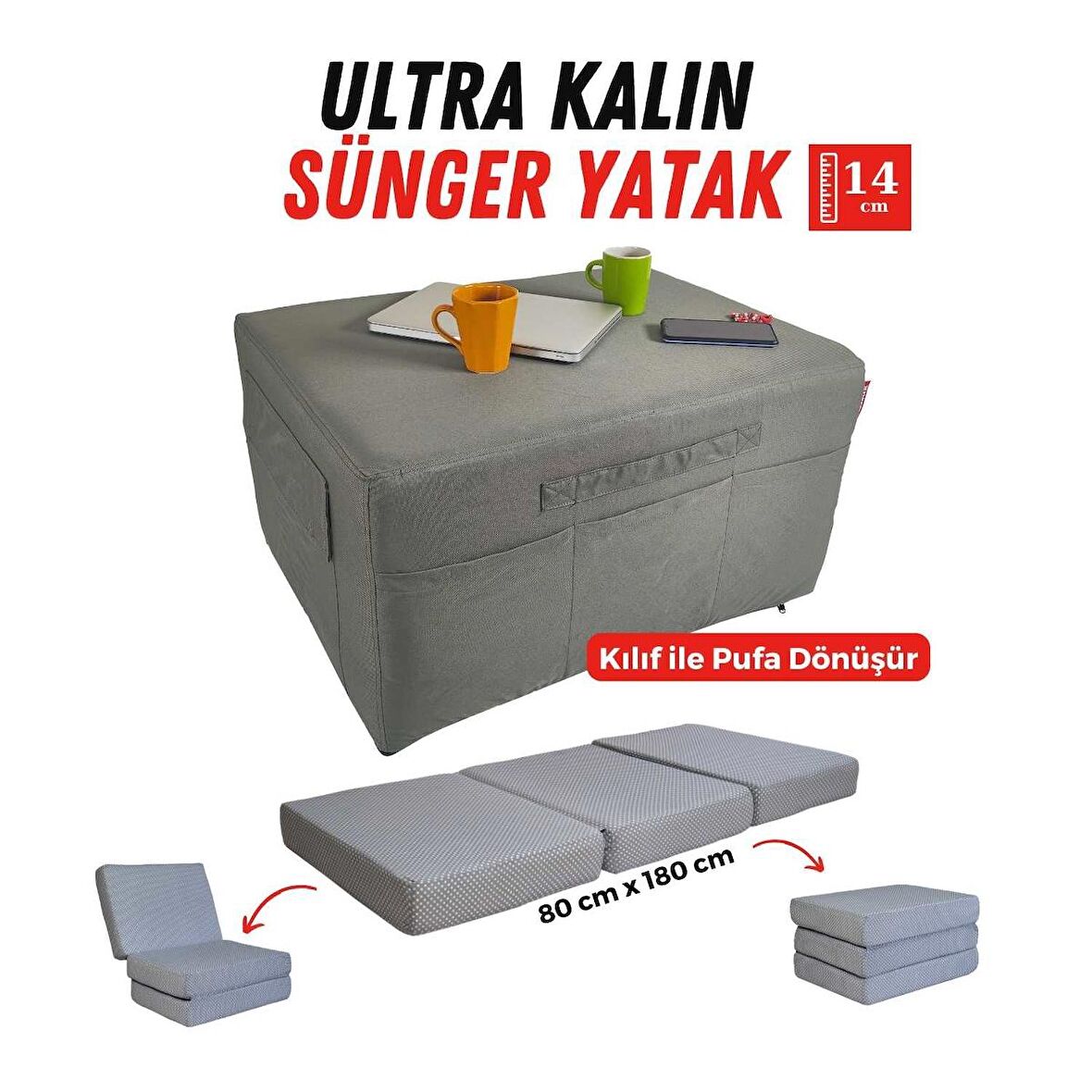 Ultra Kalın Katlanır Sünger Yatak Yer Yatağı Katlanır Yer Minderi Misafir Yatağı 80x180x14   Puantiyeli