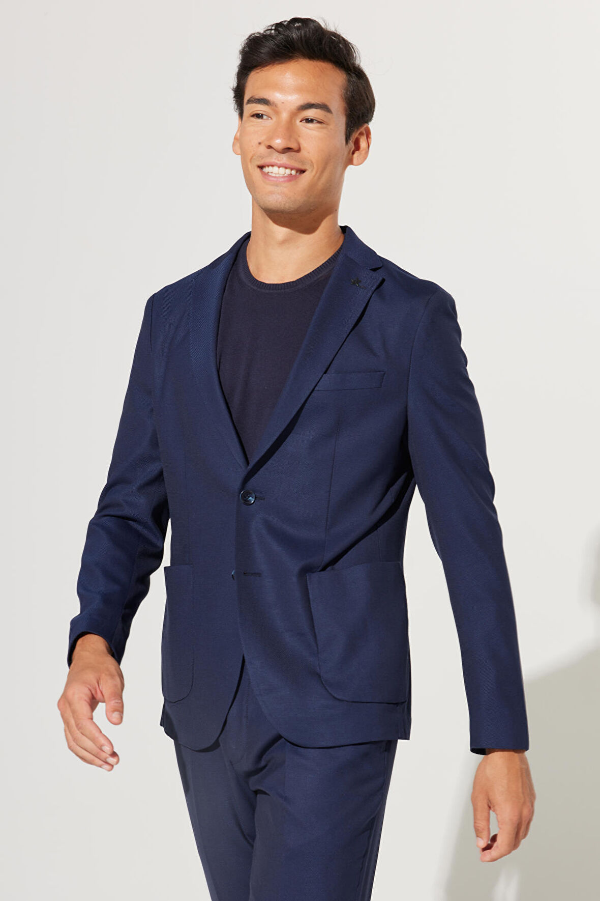 Erkek Lacivert Slim Fit Dar Kesim Mono Yaka Armürlü Takım Elbise