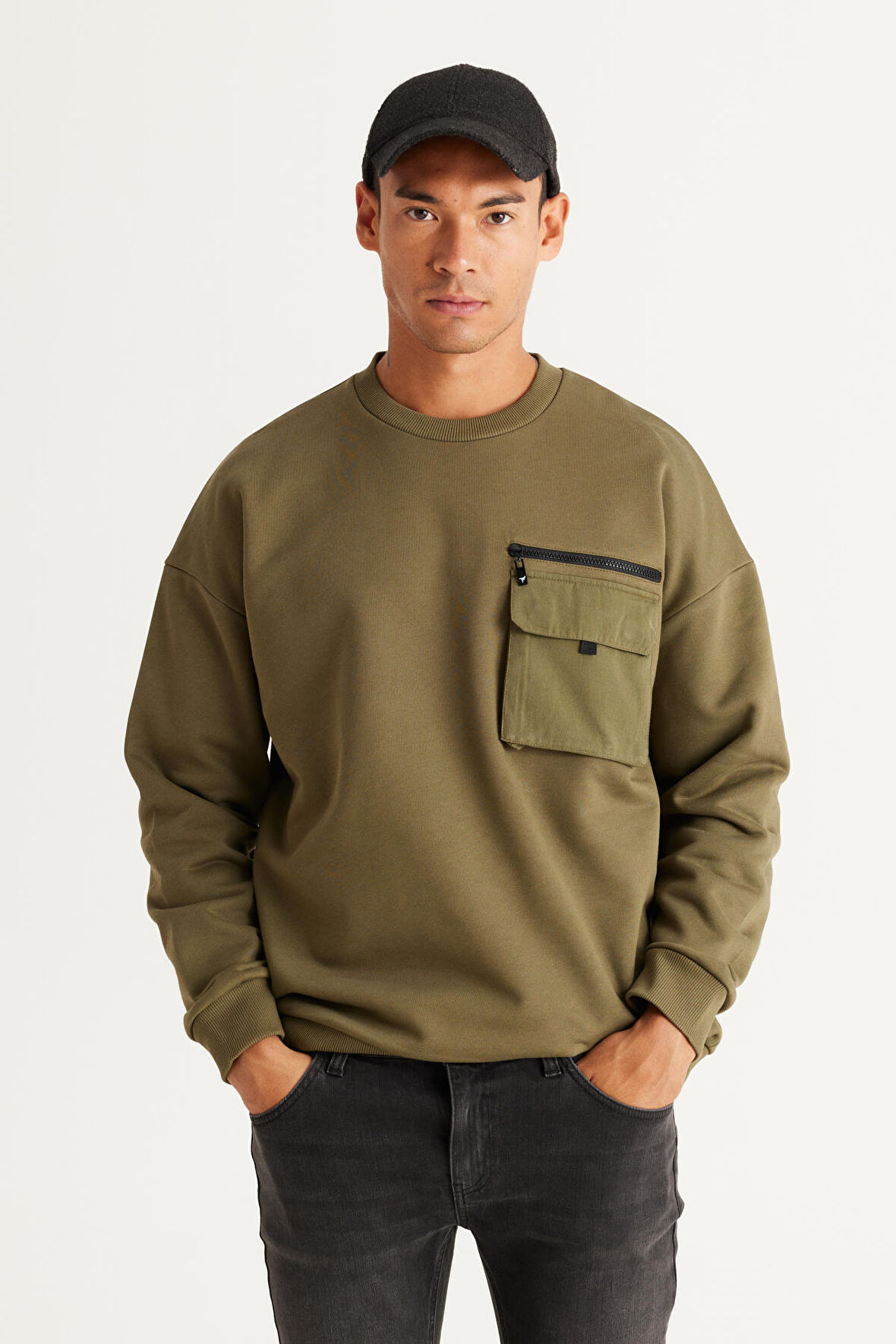 Erkek Haki Oversize Bol Kesim Içi Polarlı Iplik Bisiklet Yaka %100 Pamuk Sweatshirt