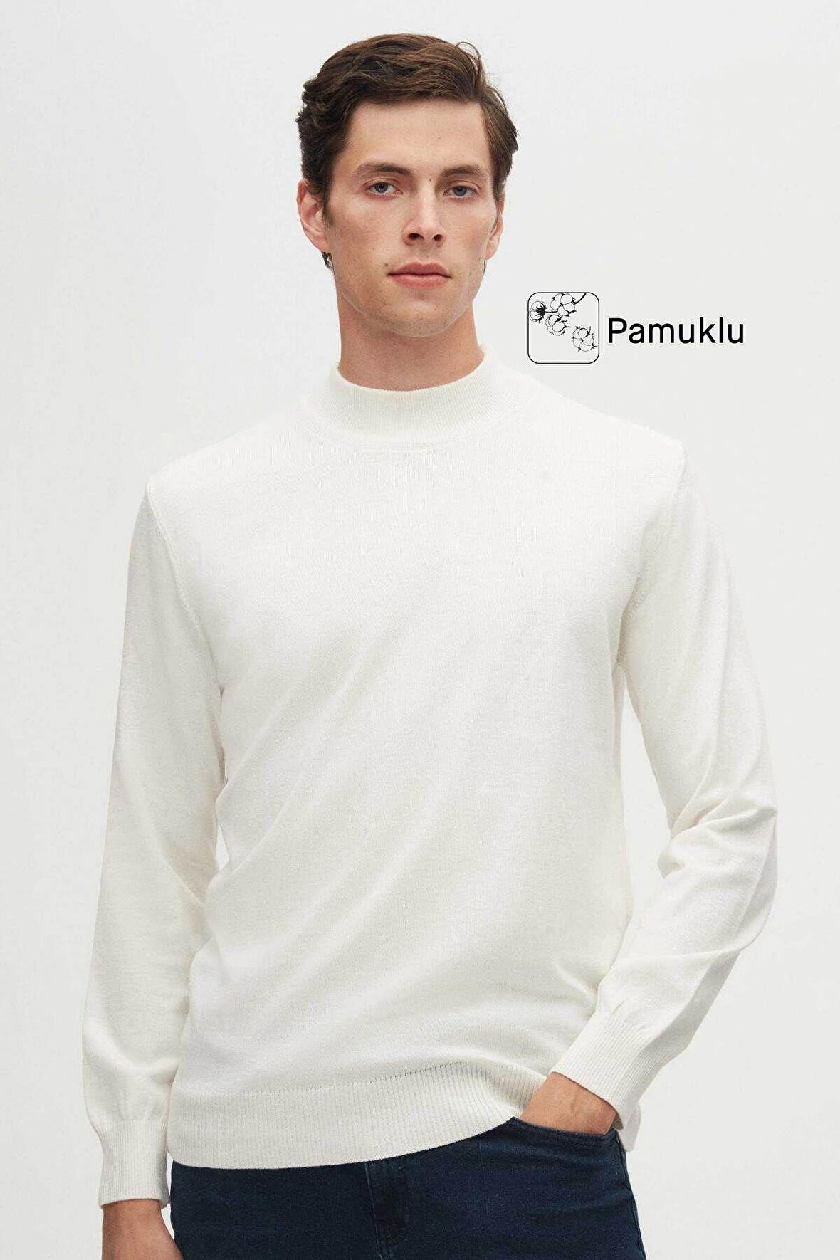 D'S Damat Regular Fit Ekru Pamuk Karışımlı Yarım Balıkçı Triko Kazak 5HF06ORT16275