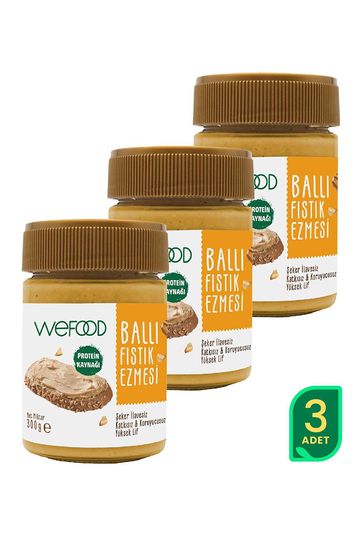 Wefood Şekersiz Ham Ballı Fıstık Ezmesi 300 gr (Fıstık Parçacıklı) 3'lü