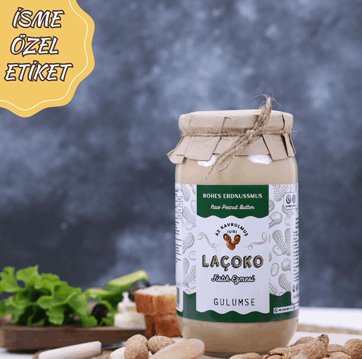 LAÇOKO 1 Kg İsme – Kişiye Özel Şekersiz, Saf, Katkısız Fıstık Ezmesi Glutensiz, Vegan, Doğal Az Kavrulmuş (Çiğ) Yer Fıstığı Ezmesi (1 KG) Peanut Butter