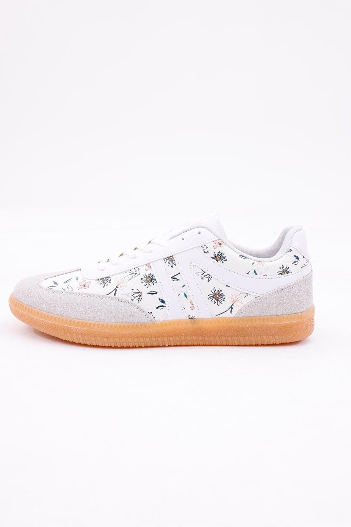 Dijital Baskı Kadın Bej-Çiçek Sneaker Ayakkabı