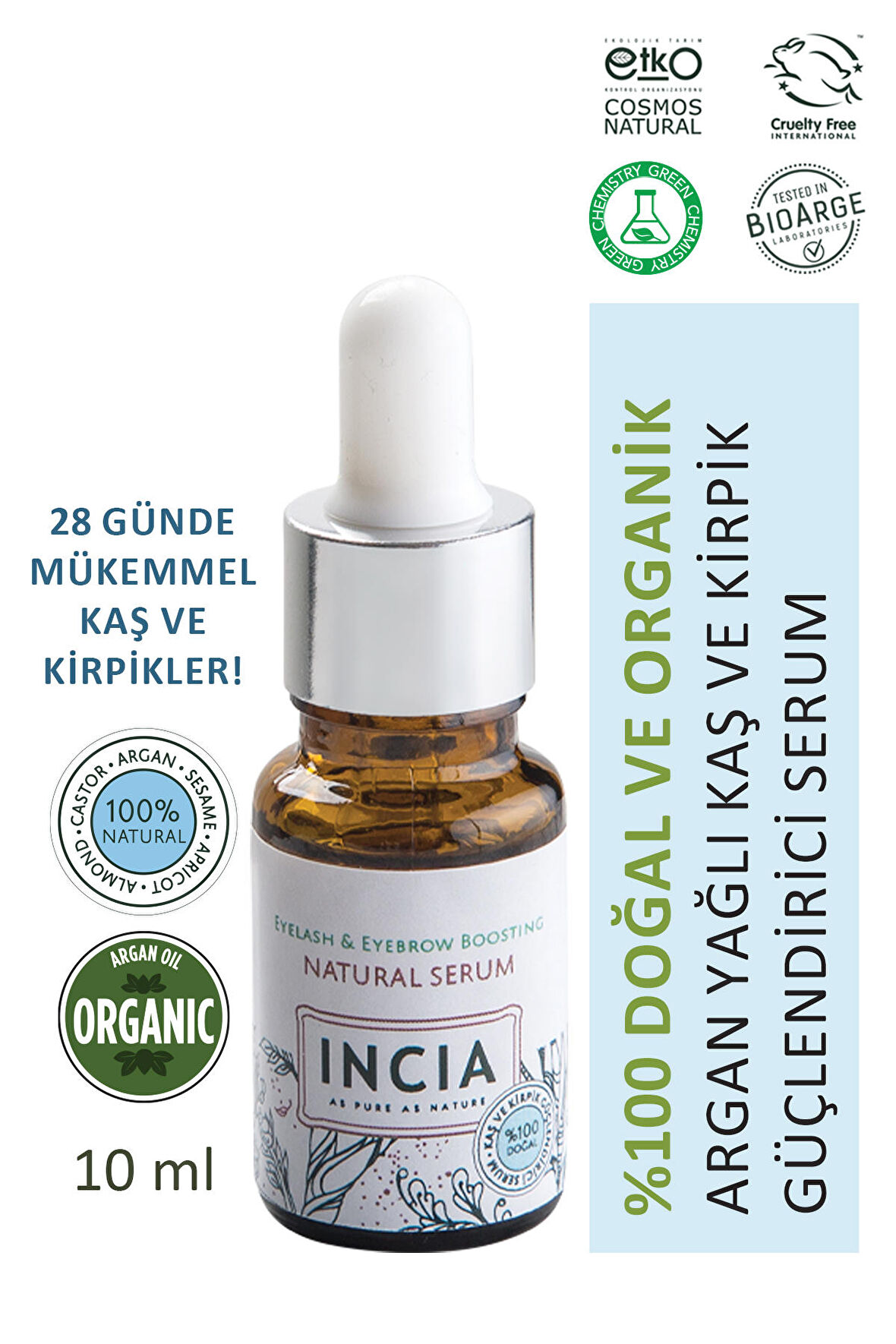 INCIA %100 Doğal Kaş Ve Kirpik Güçlendirici Serum Bitkisel Yoğunlaştırıcı Yoğun Bakım Yağı Vegan 10 ml