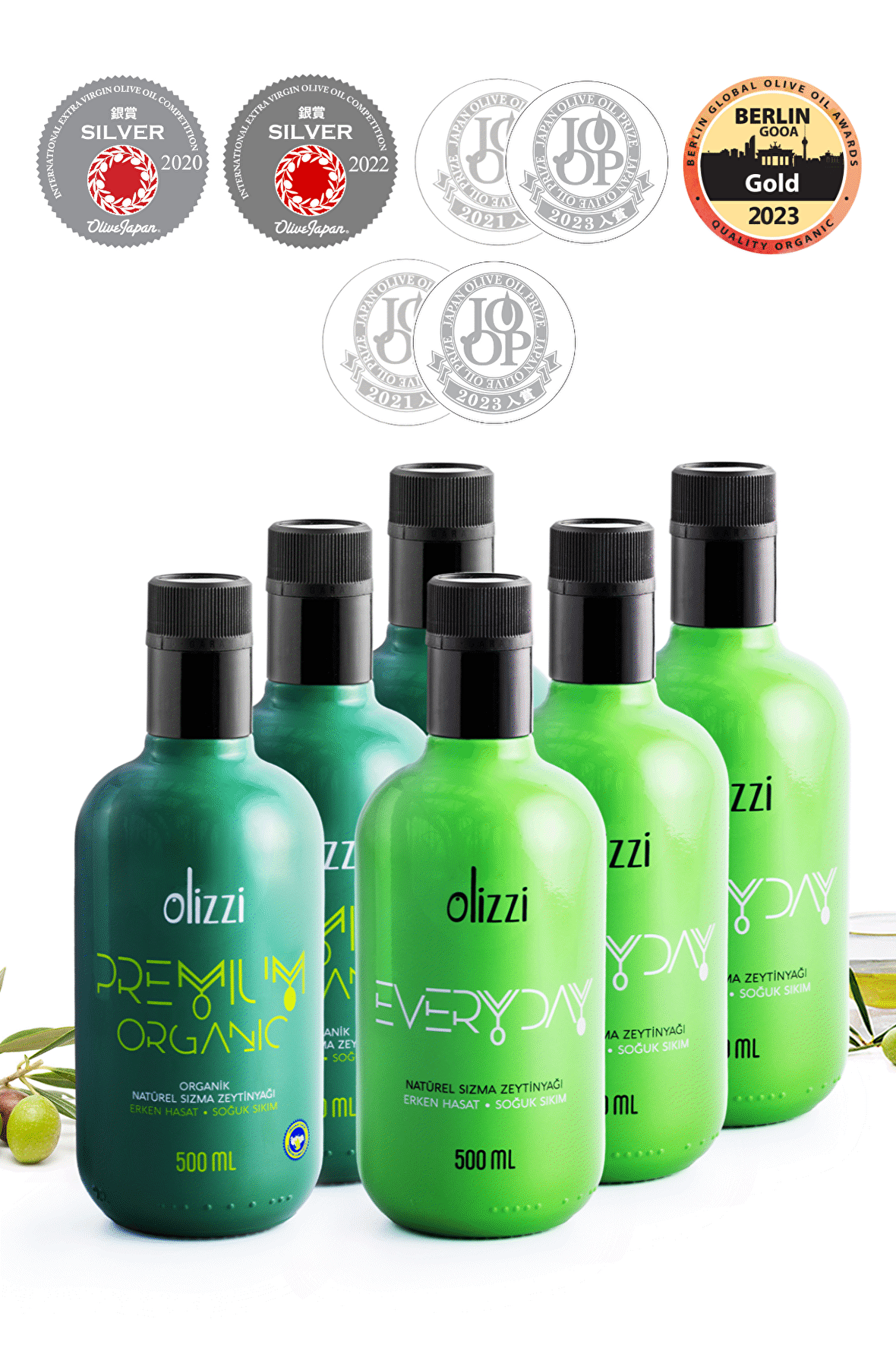 Olizzi Premium Organik Zeytinyağı ve Everyday Ödüllü Zeytinyağı Erken Hasat Soğuk Sıkım 500 ML X 6 Adet