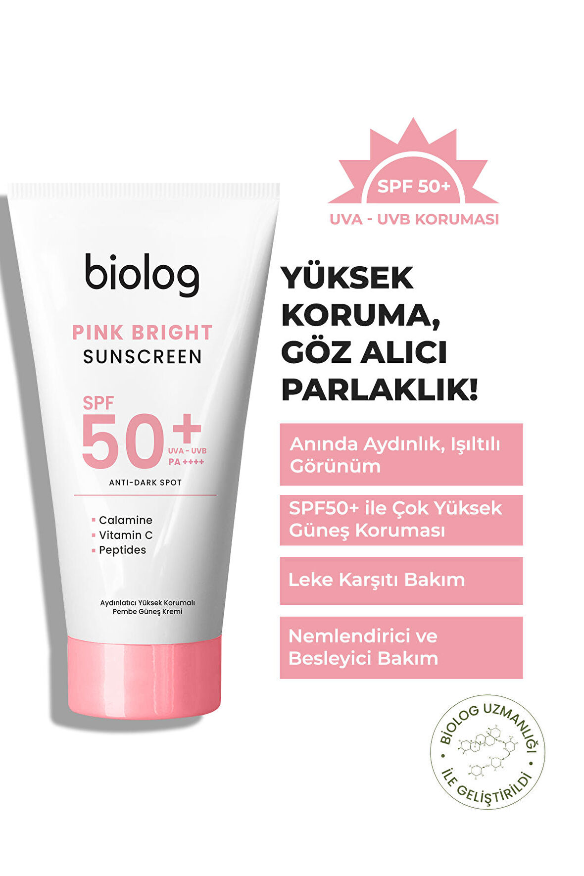 Biolog Pink Bright Yüksek Korumalı Pembe Güneş Kremi 50 ml.