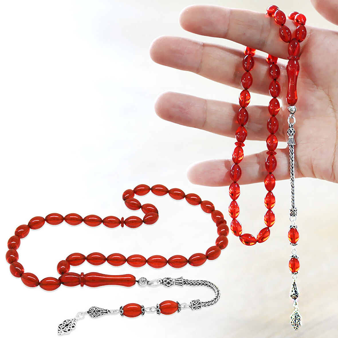 925 Ayar Gümüş Püsküllü Arpa Kesim Kırmızı Ateş Kehribar Tesbih