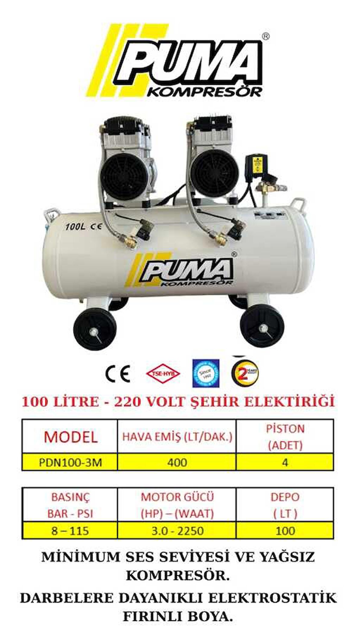 SESSİZ YAĞSIZ PİSTONLU KOMPRESÖR - 100 Lt - 3 HP - 8 Bar - Hava Üretimi: 400 Lt/dk. - 220 Volt