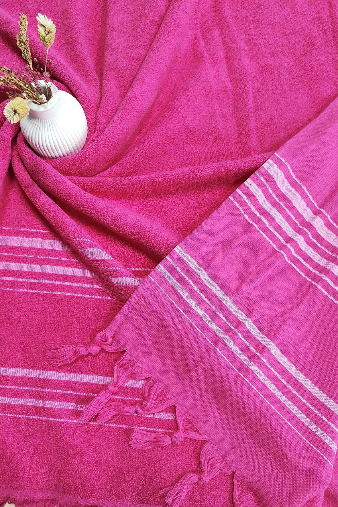 Sevim Fuşya Çizgili Havlu Peştemal 90x170 Cm - Yumuşak Havuz&plaj Havlusu