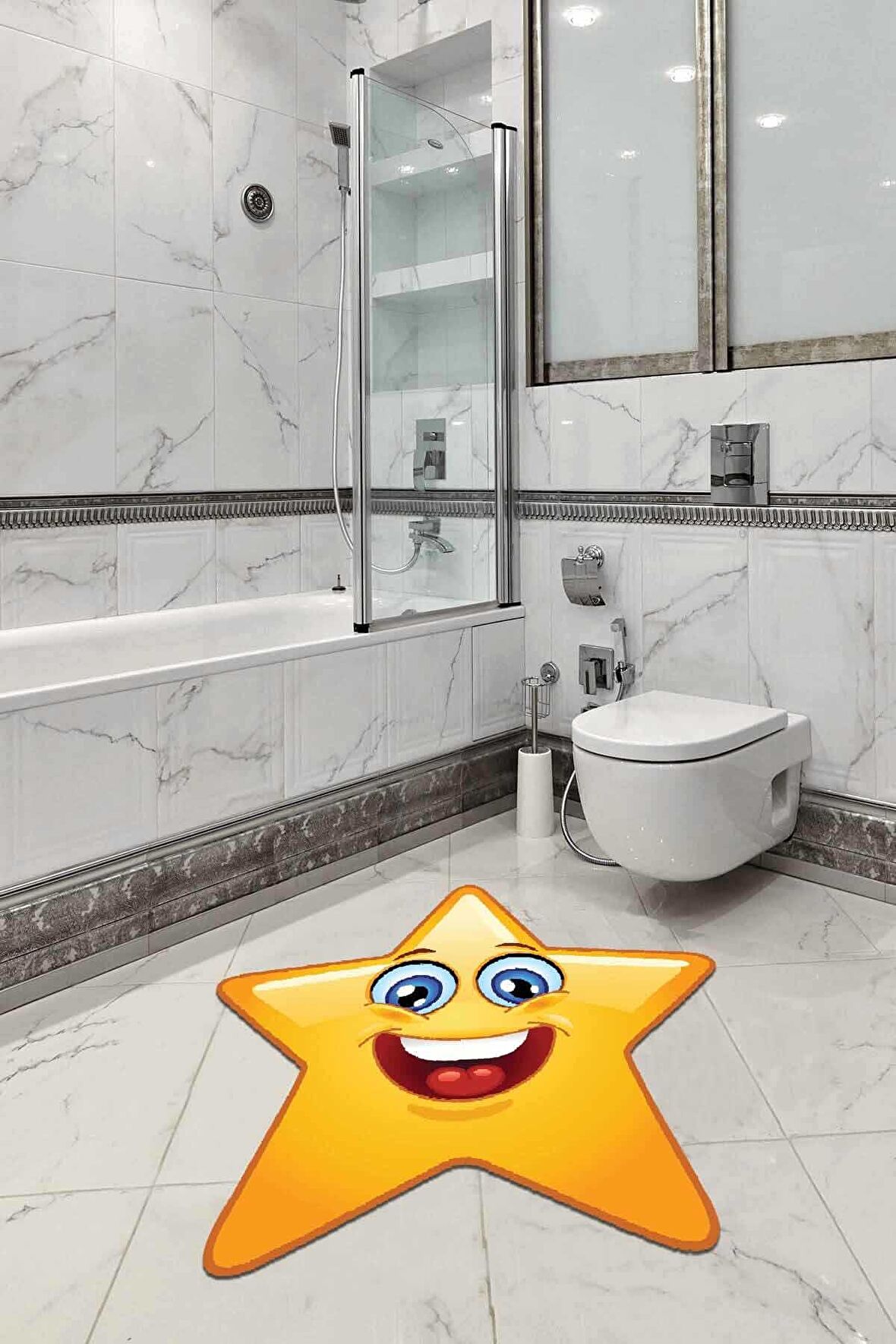 Sarı Smiley Banyo Halısı Klozet Yıldız Paspas Seti BS306