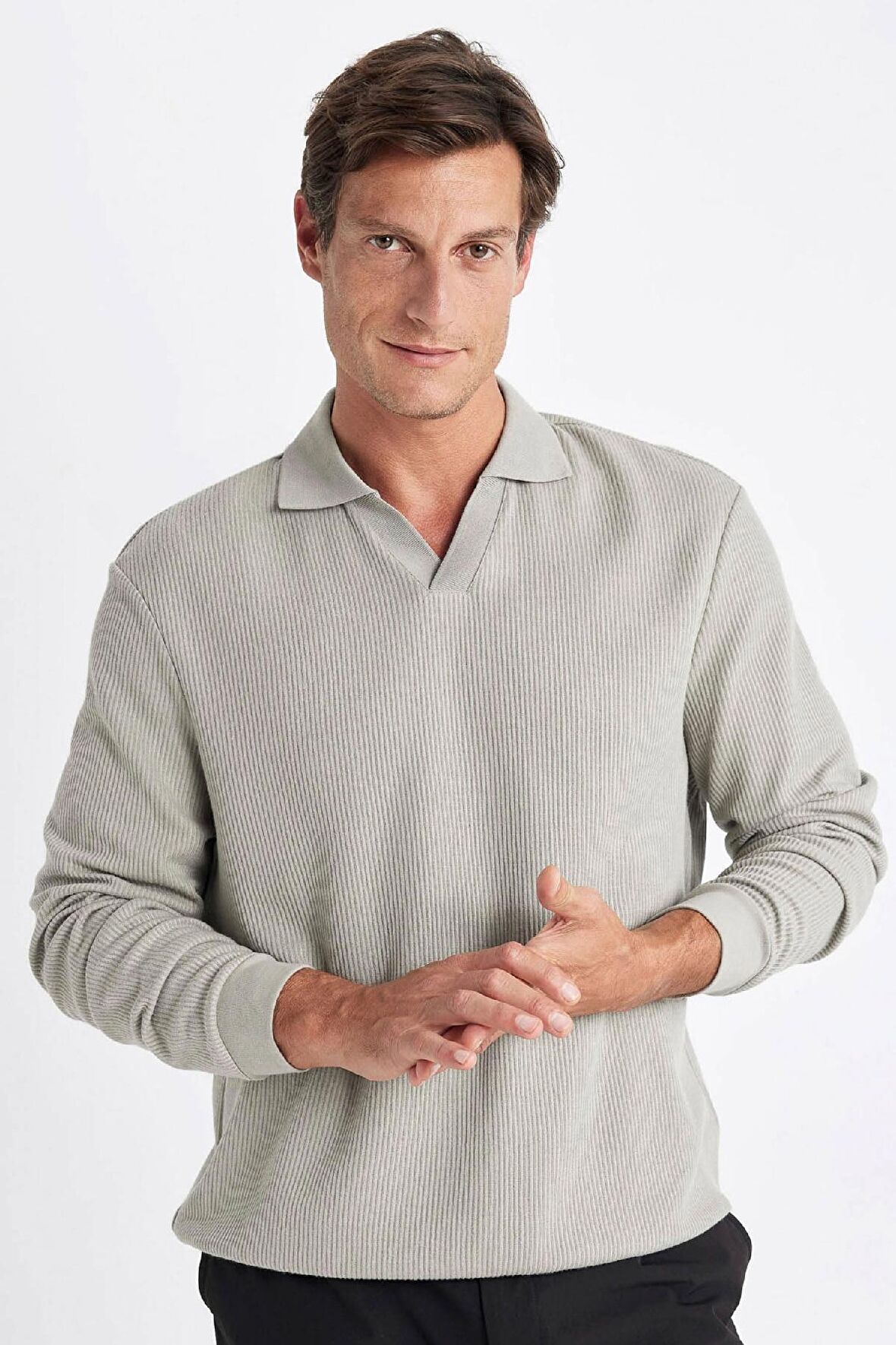 DeFacto Açık Haki Regular Fit Polo Yaka Jakarlı Triko Sweatshirt A9785AX24AUKH488