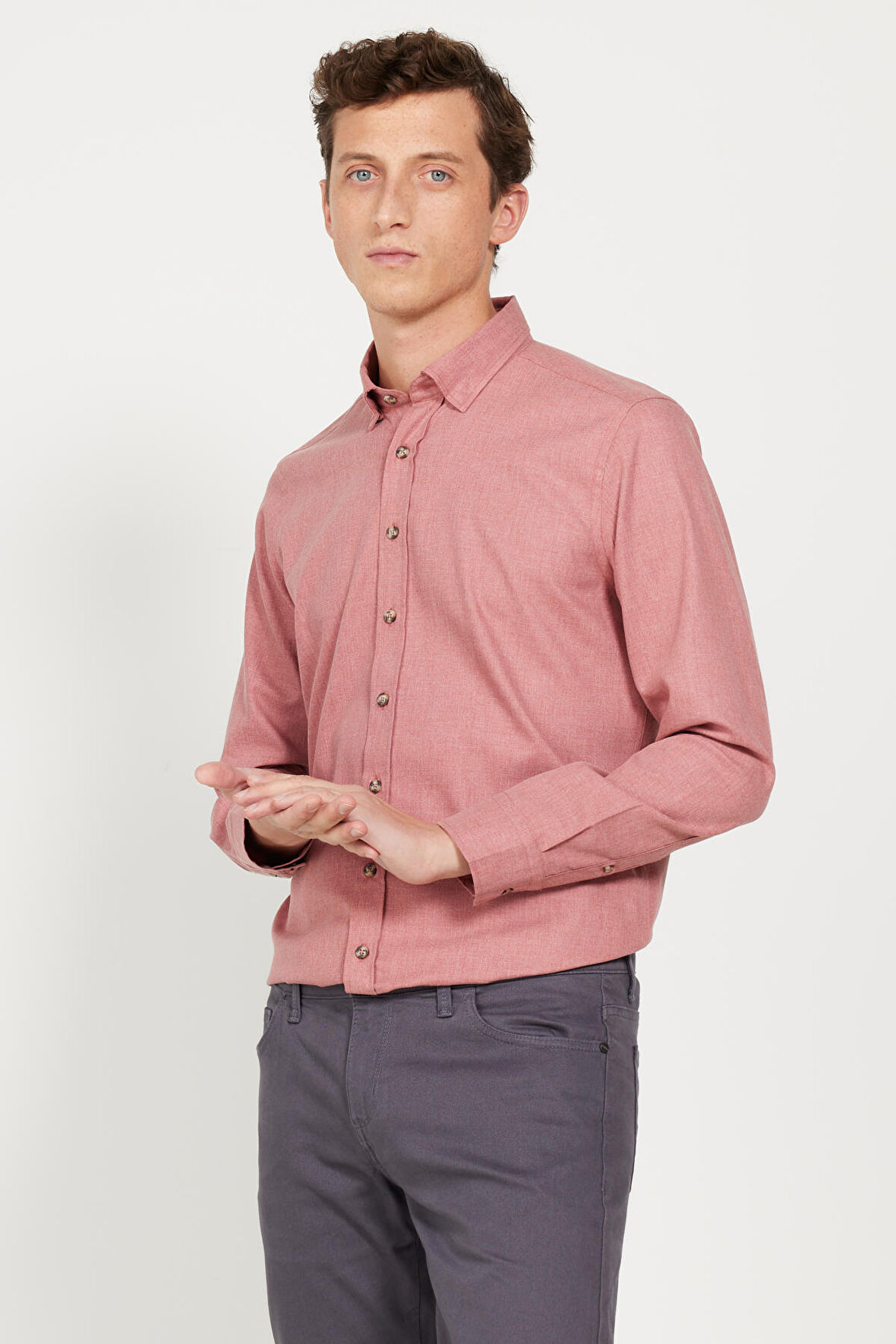 Slim Fit Dar Kesim Düğmeli Yaka Flanel Oduncu Gömlek
