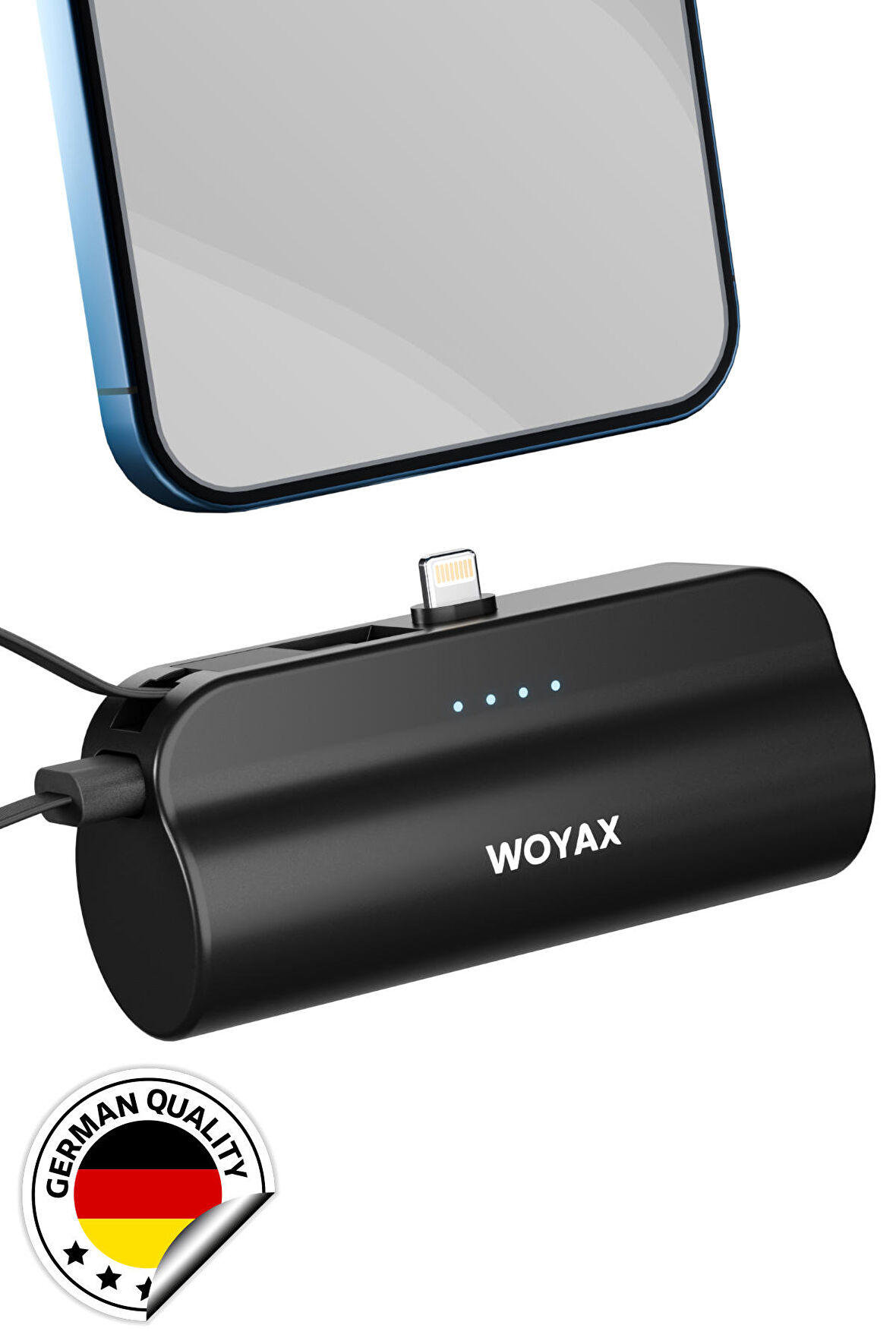 iPhone Lightning Soketli Mini Powerbank 5000mAh Type-C Dahili Kablolu Taşınabilir Şarj Cihazı Siyah