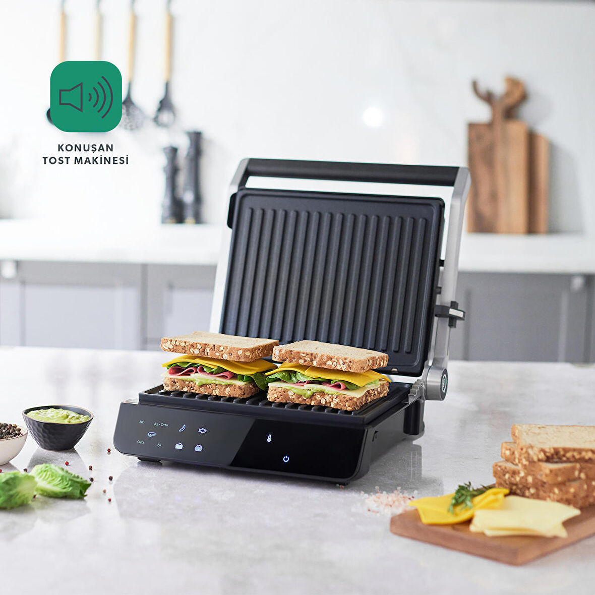 Homend Grilliant 1343H Cam Yüzeyli 5 Hazır Programlı LED Ekranlı Konuşan Tost ve Izgara Makinesi