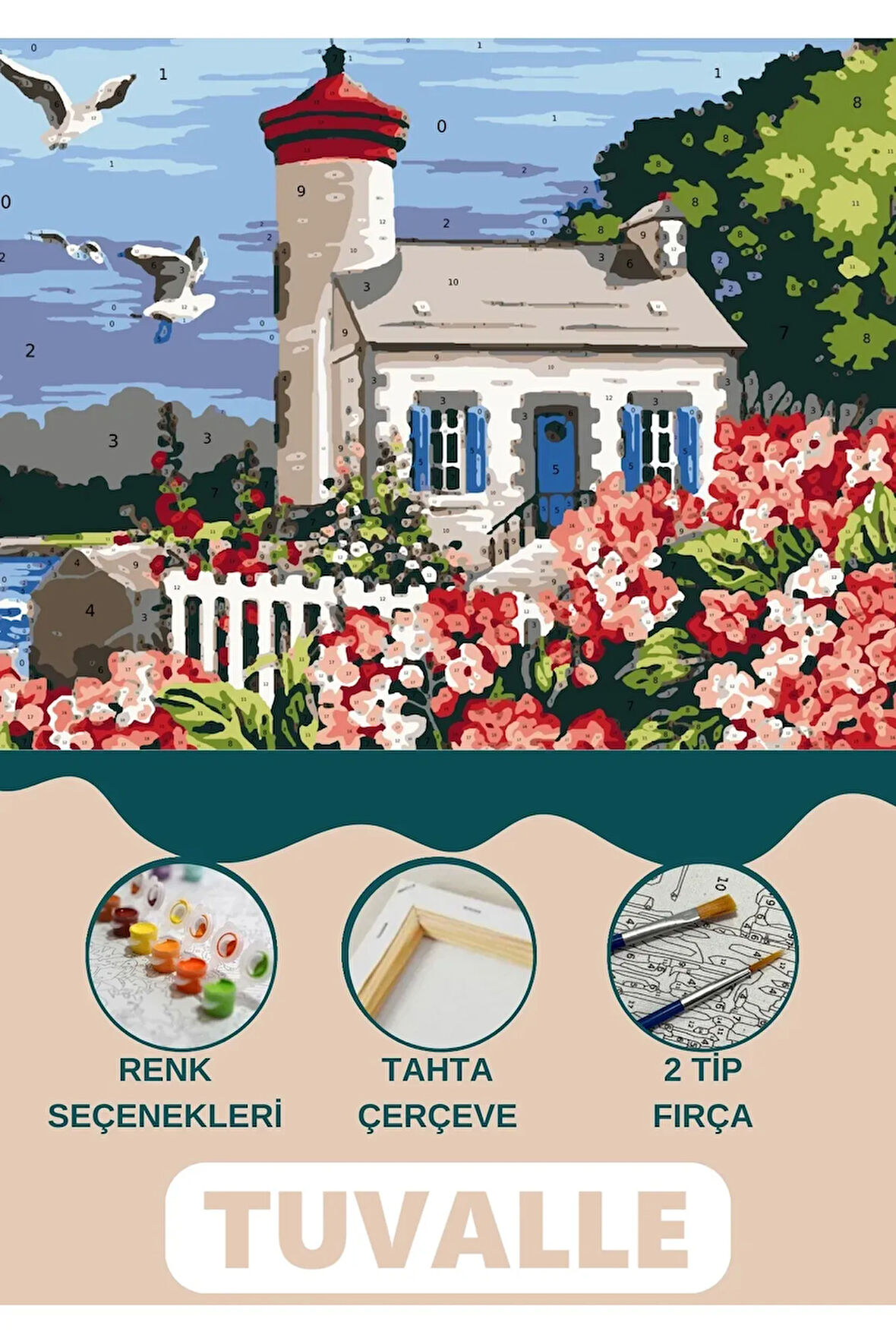 Bahçeli Fener Sayılarla Boyama Seti, Hobi Seti, 40X50 Tablo, Fırça Boya Asma Aparatı Dahil, Doğa
