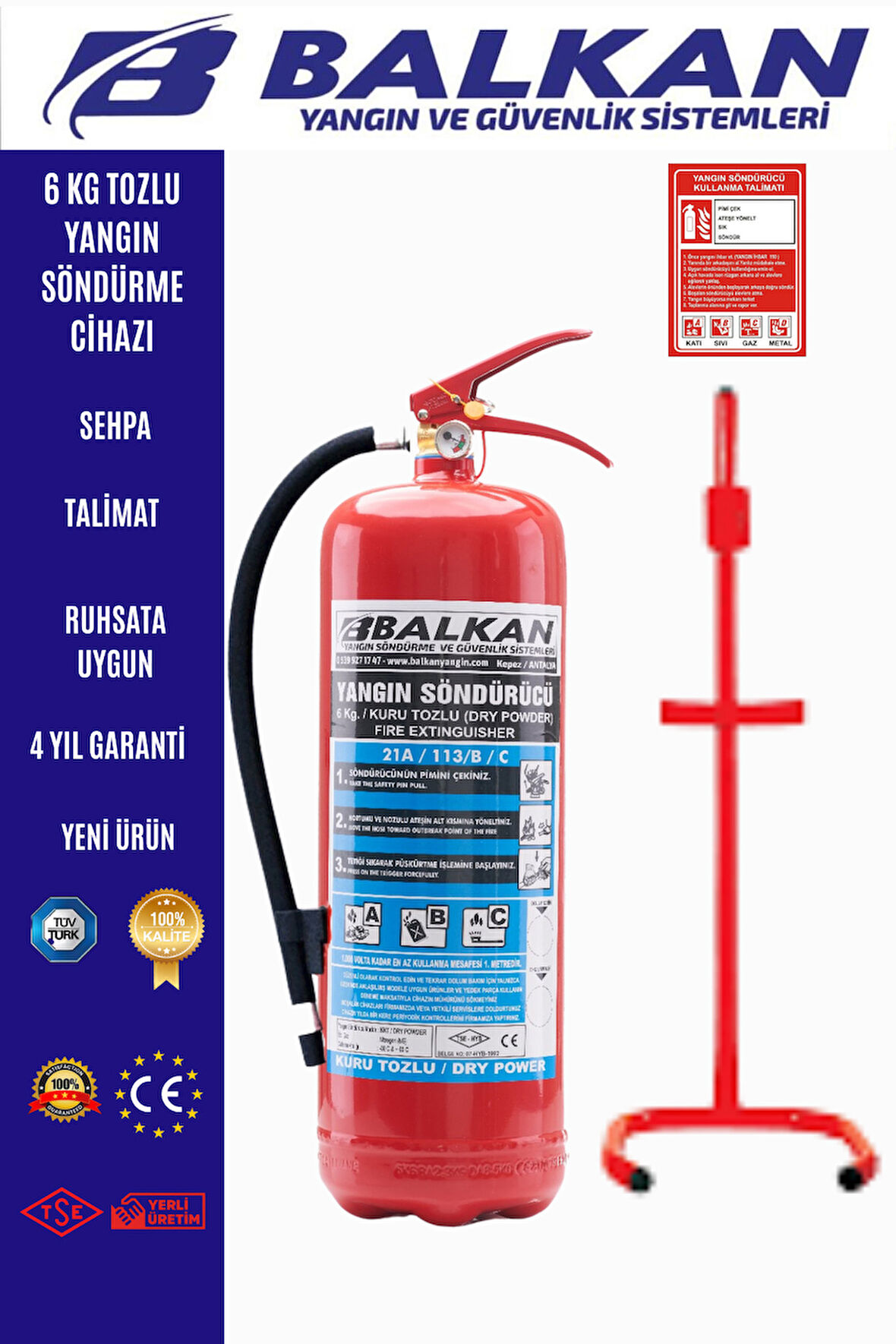 6 kg yangın söndürme cihazı +Sehpa+Talimat