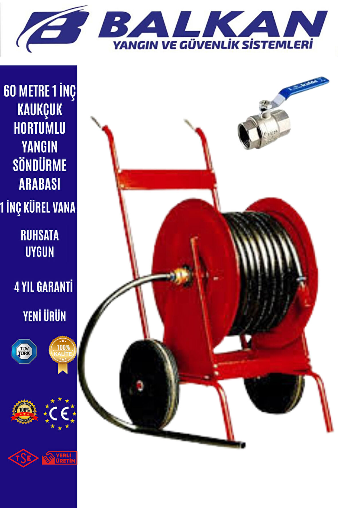 60 Metre Yangın Hortum Arabası+1 inç küresel vana