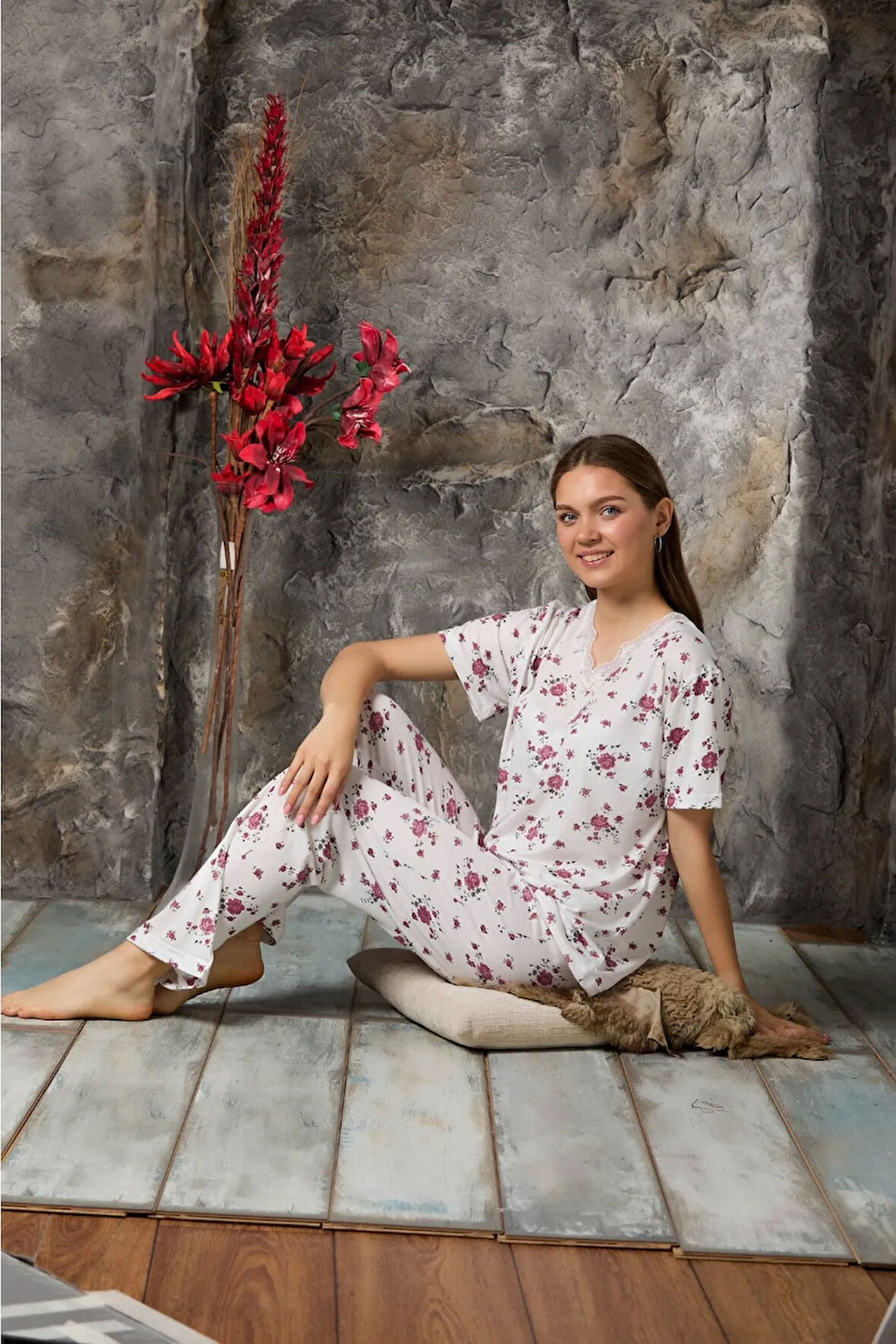 Kadın Homewear Bambu Pijama Takımı Kısa Kol  Yaka Güpür Detaylı
