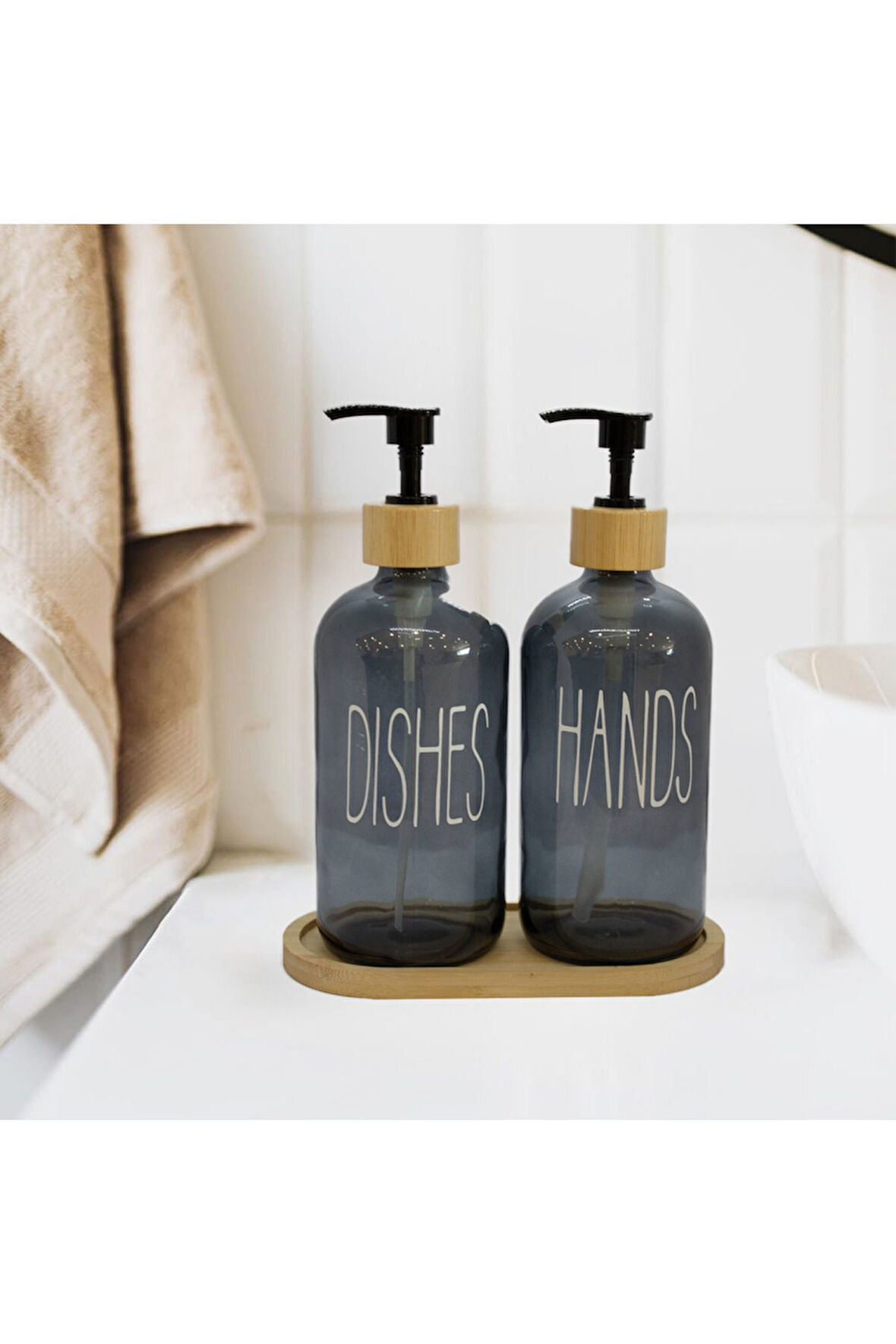 2’li Füme Mutfak Sıvı Sabunluk Seti Hands&dishes Bambu Tepsili