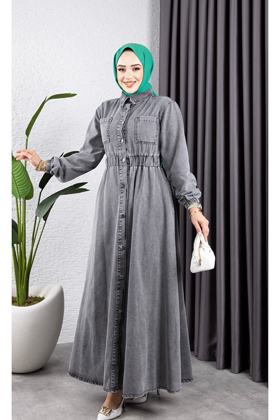 Kadın Belden Lastikli Cep Detaylı Kot Elbise