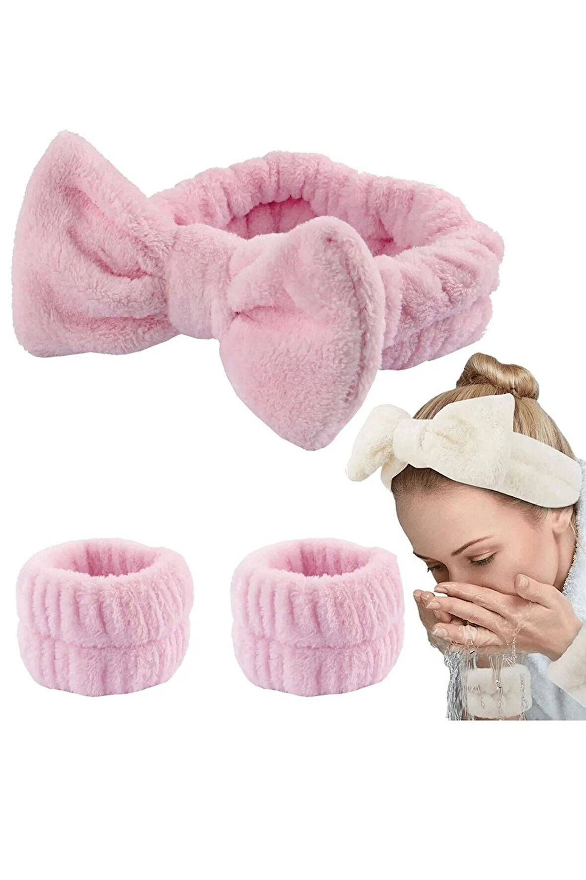 Fiyonk ve Kolluklu Peluş Bandana Makyaj Spa Saç Bandı 