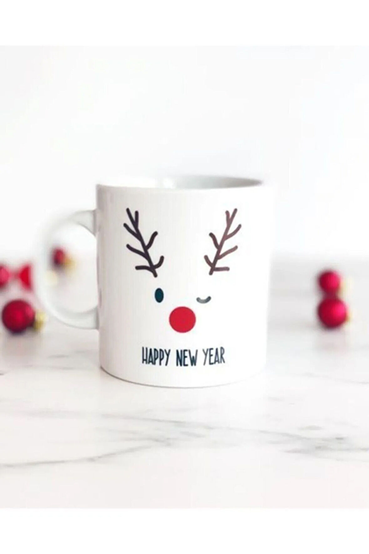 Yılbaşı Kupa - Özel Tasarım Geyik Baskılı Beyaz Kupa Bardak