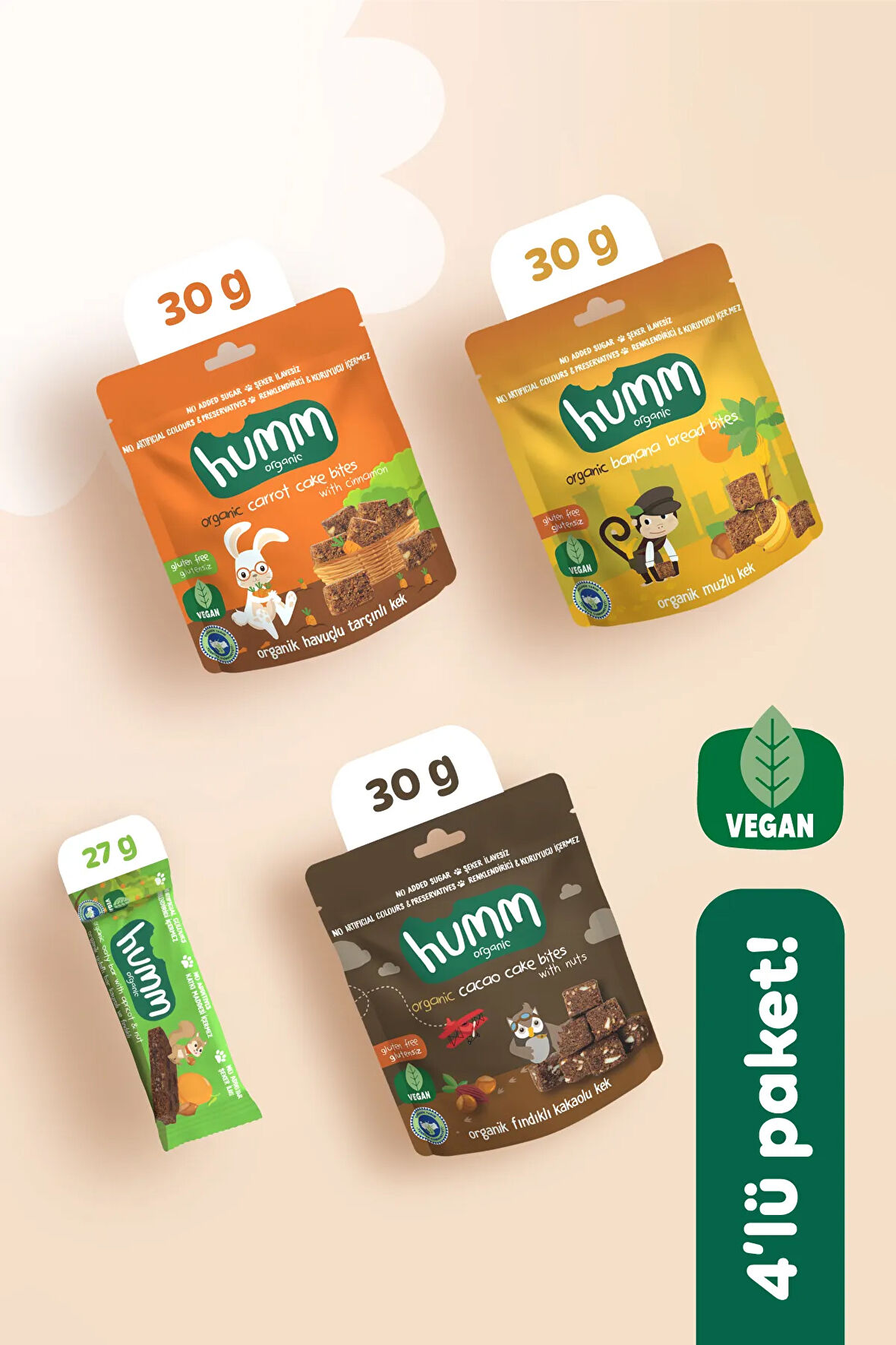 Humm Organic Organik Vegan Yulaf Bar & Glutensiz Kek Atıştırmalık Paketi - 4 adet (4 çeşit)