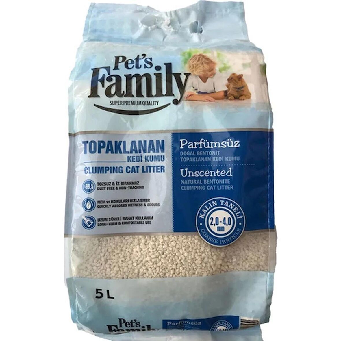 Pets Family 5 Lt Topaklanan Parfümsüz Doğal Bentonit Kalın Taneli Kedi Kumu