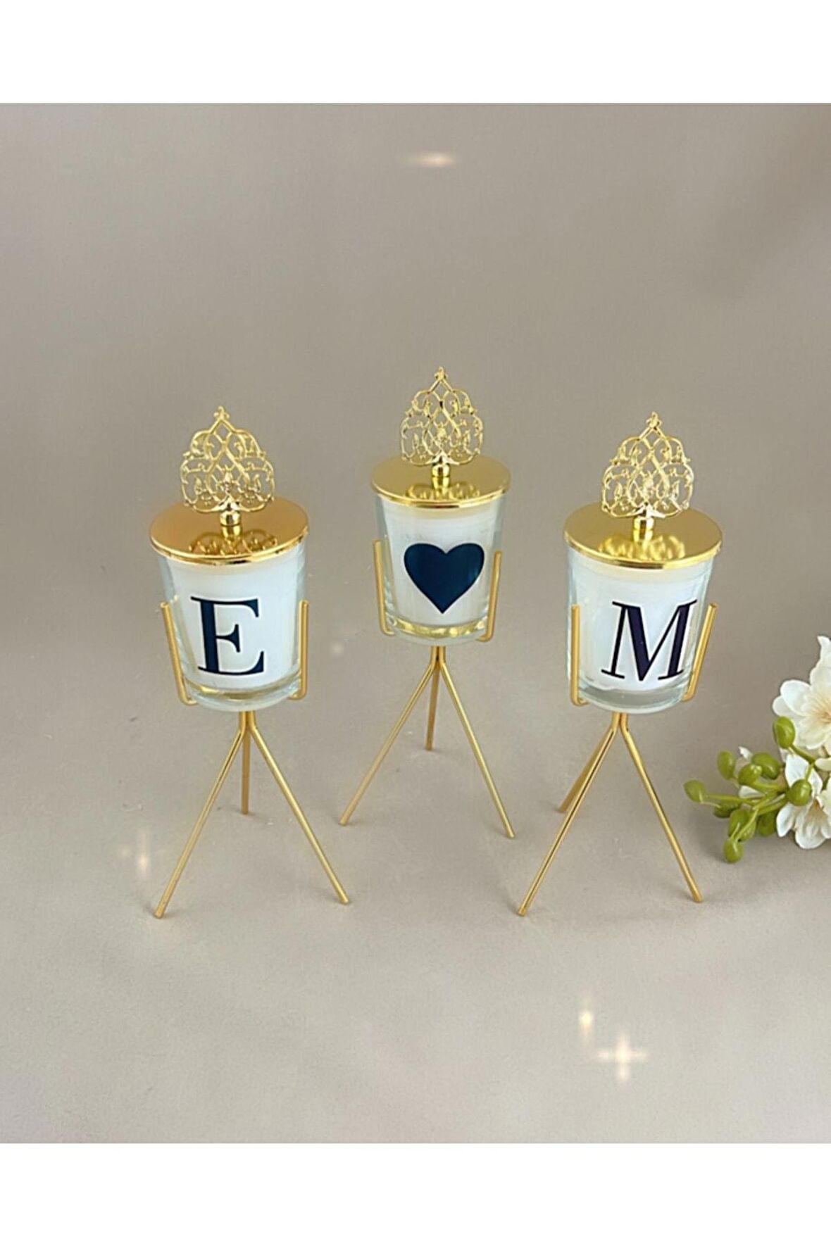 Dekoratif Harfli Gold Güneş Tepe Ayaklı Mum Set