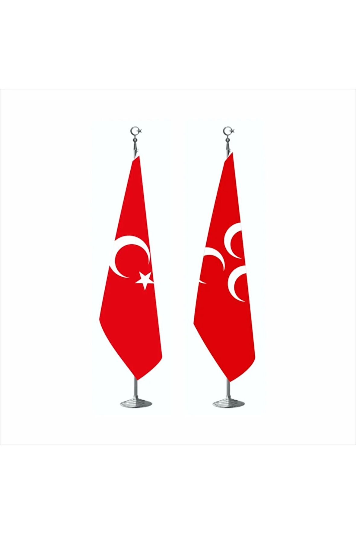 Kırmızı Üç Hilal Ve Türk Makam Bayrağı Krom Direkli