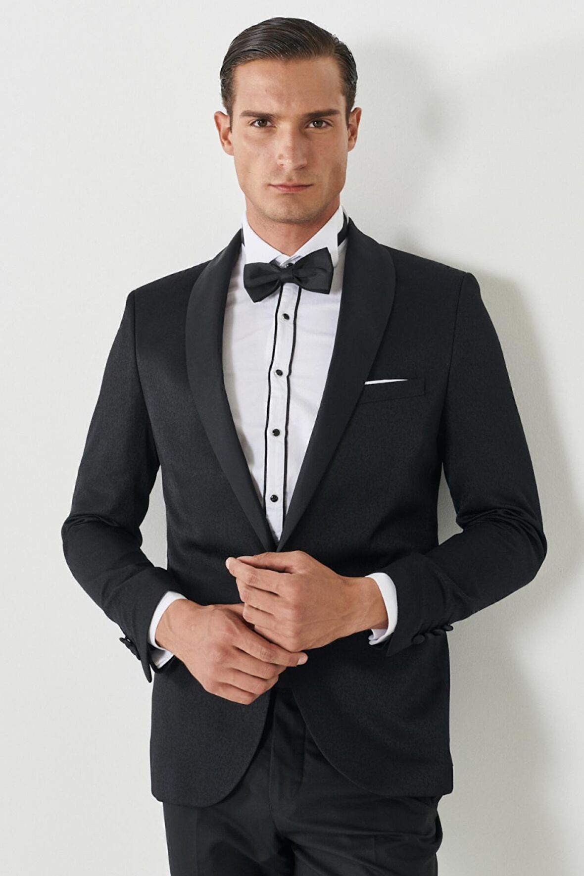 Erkek Siyah Slim Fit Dar Kesim Mono Yaka Desenli Klasik Smokin Takım