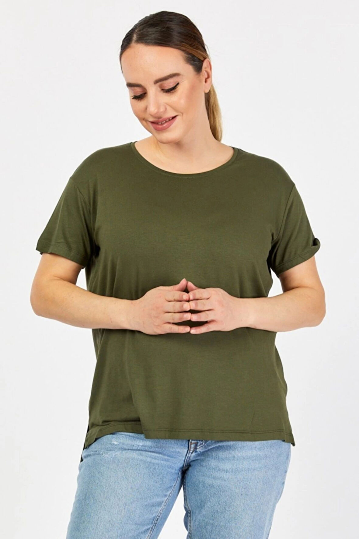 Büyük Beden Bisiklet Yaka Haki Tişört