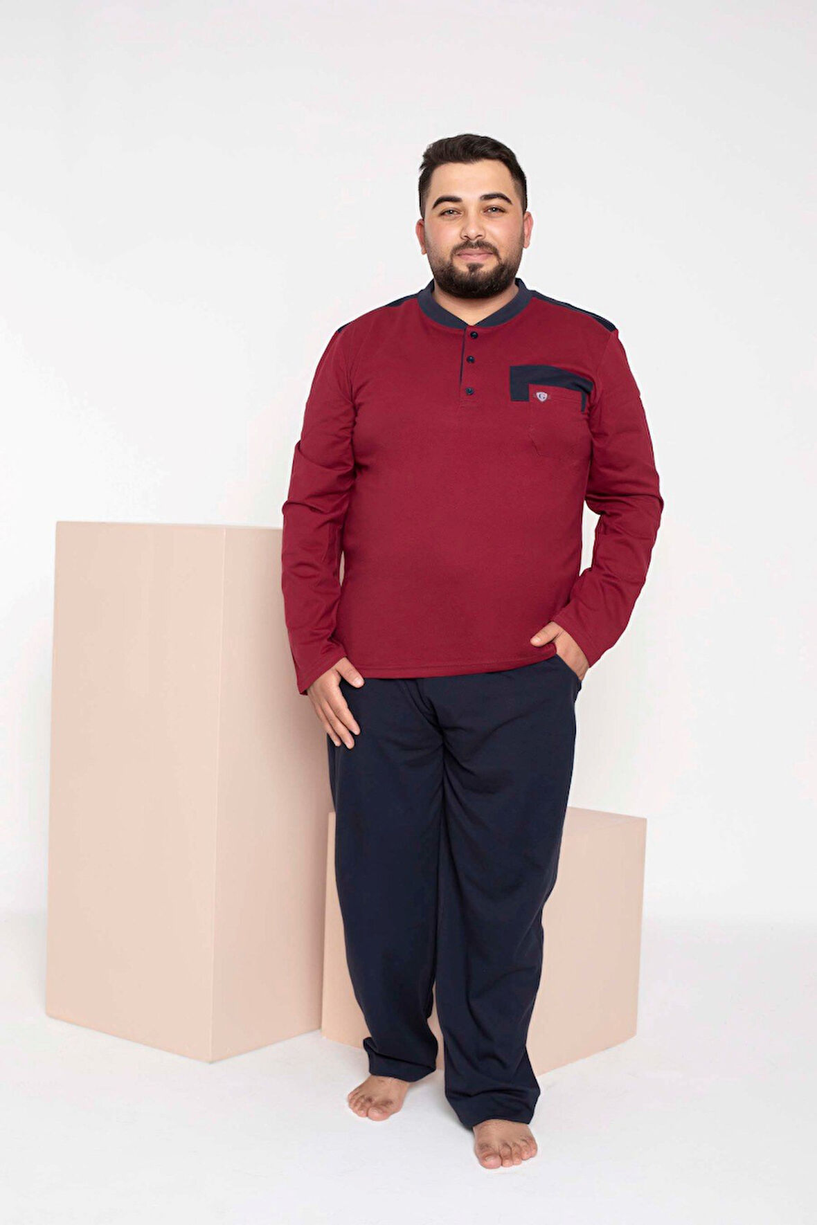 Erkek Büyük Beden 3 Düğmeli %100 Pamuk Cepli Mevsimlik Pijama Takımı