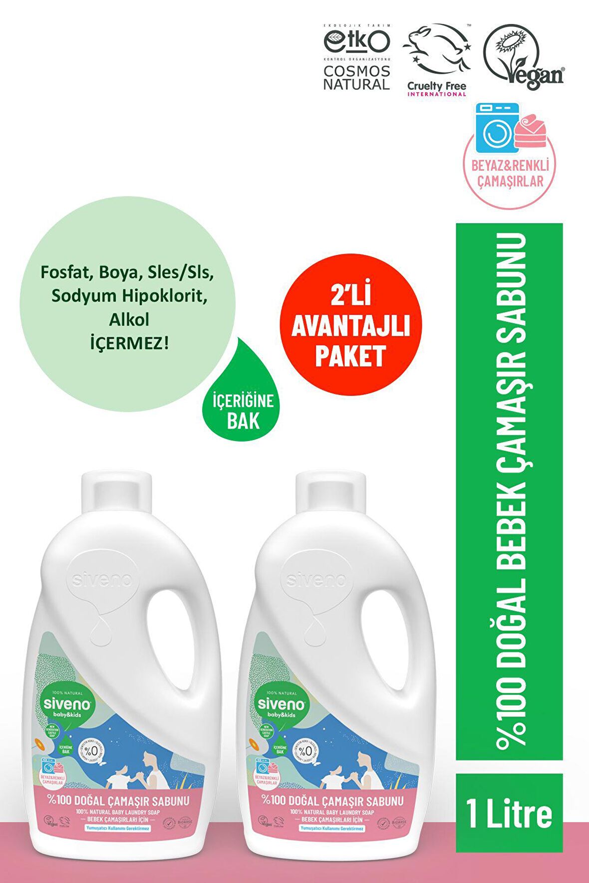 Siveno %100 Doğal Bebek Çamaşır Sabunu Kendinden Yumuşatıcılı Bitkisel Deterjan Vegan 1000 ml X2 Adet