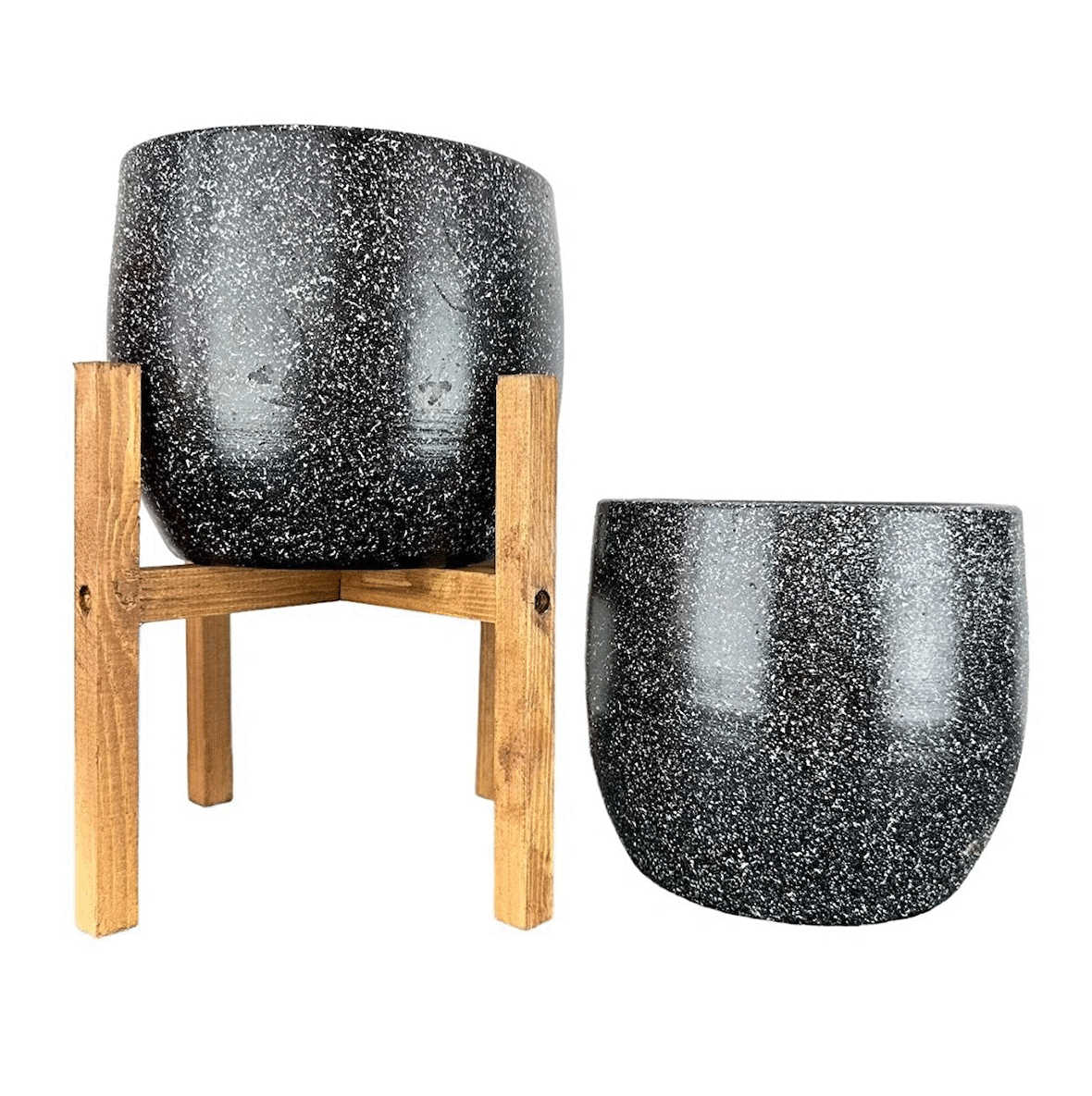 Ev Dekorasyon Aksesuar Siyah Granit Toprak Saksı Saksılık Salon Çiçeklik İkili Set Ayaksız - 4 Ayaklı- 19 CM