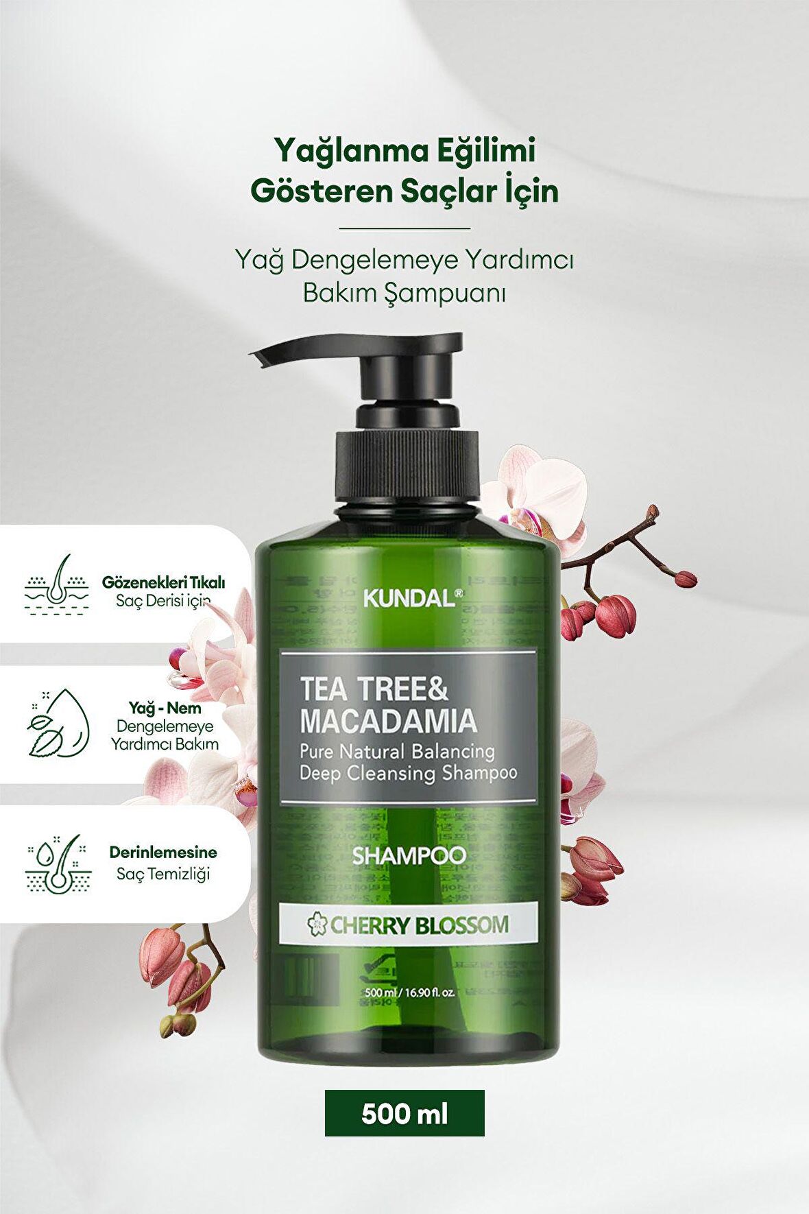 Yağlı Saçlara Özel Şampuan KUNDAL Tea Tree & Macadamia Deep Cleansing Shampoo 500 ml (CherryBlossom)